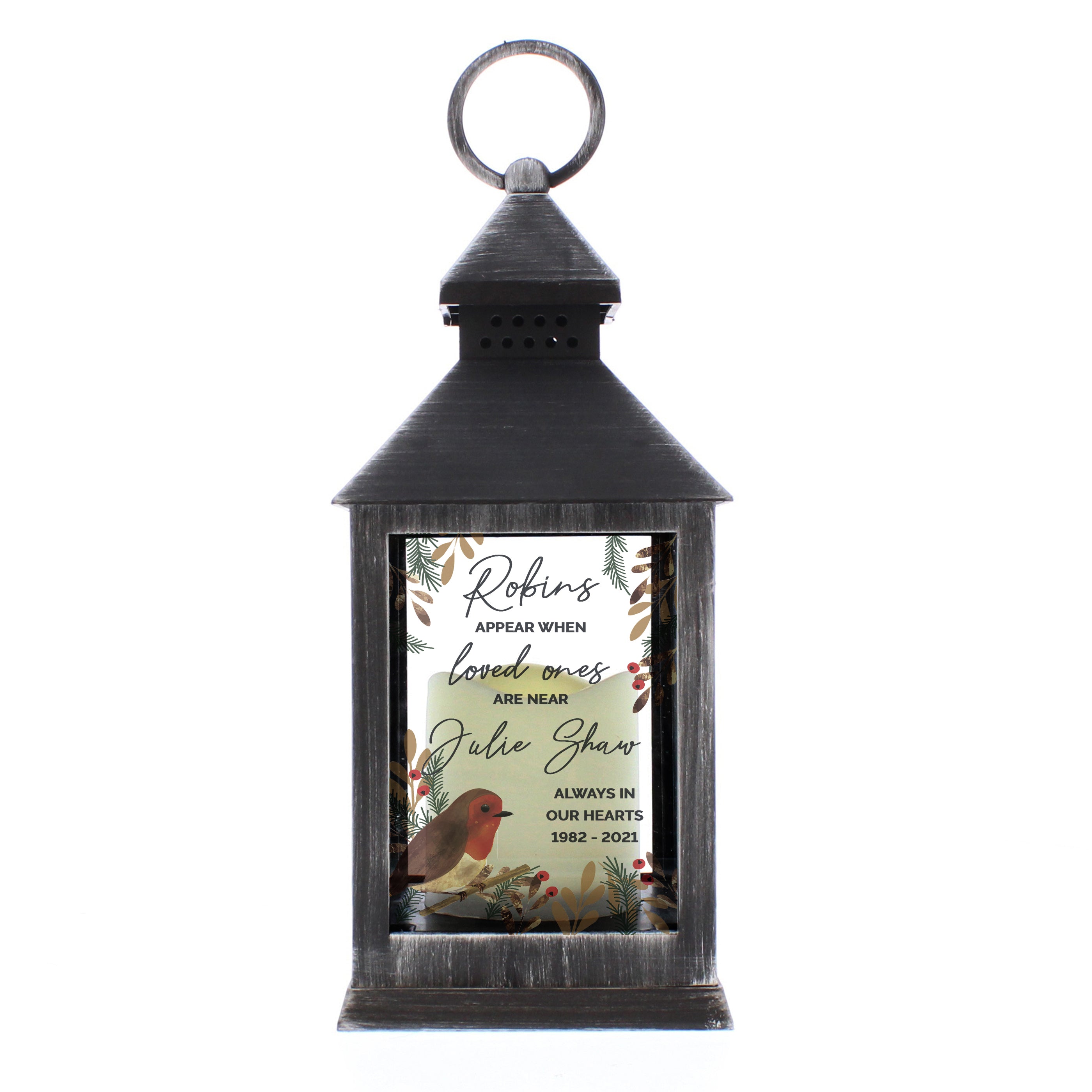 Personalized Robin Memorial Black Lantern - Engraved Custom Keepsake for Loved Ones - Perfect for Home Decor, Garden Remembrance, and Sympathy Gifts