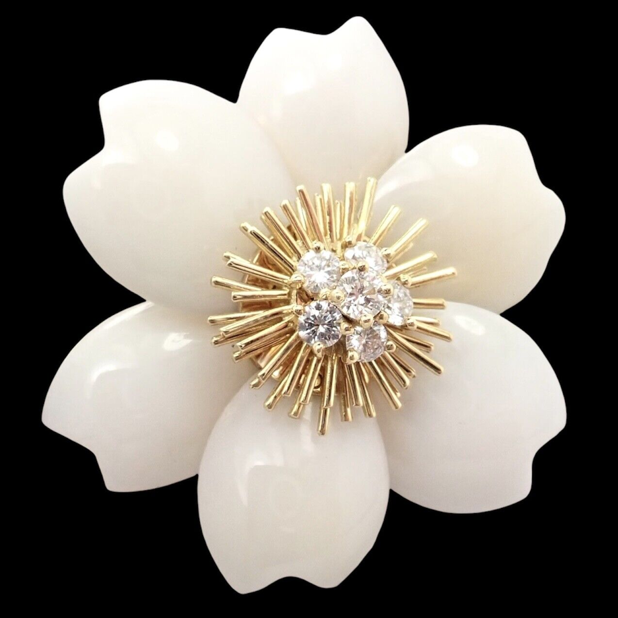 Van Cleef & Arpels Rose de Noel Diamond & White Coral Flower Yellow Gold Brooch - Luxury Jewelry Gift for Women, Perfect for Weddings & Special Occasions