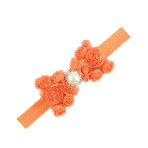 Baby Girls Headbands - Lace Rose Bows with Pearl Accents - Elastic Hair Bands for Toddlers & Kids - 15 Color Options (Orange) - Perfect for Parties, Photos & Everyday Wear