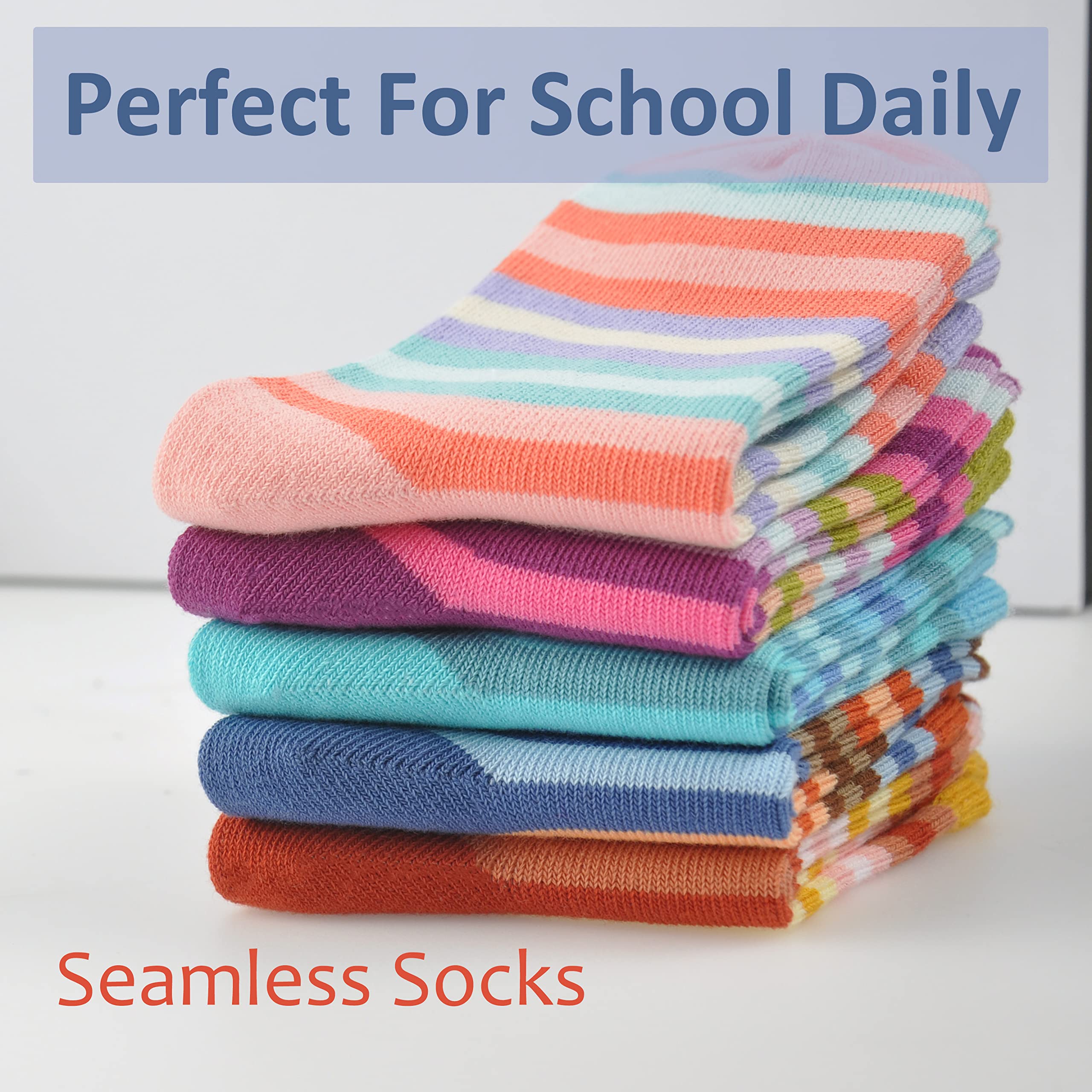 Marchare Girls Seamless Cotton Crew Socks for Kids - 5 Pack Rainbow Stripes Casual & School Socks - Soft, Comfortable Everyday Wear for Play, Sports & Classroom