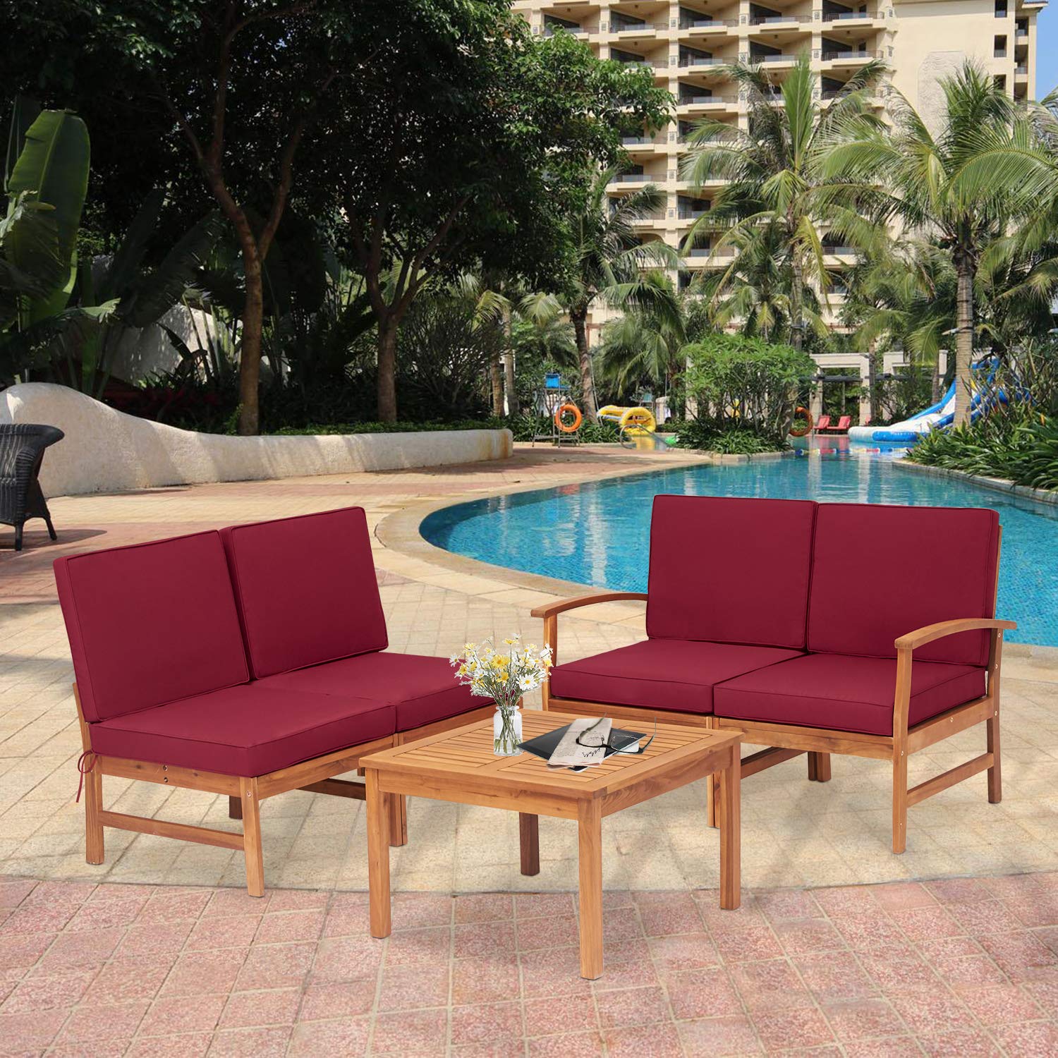 Kinbor 5-Piece Outdoor Patio Sectional Sofa Set with Spacious Seating - Durable Wood Furniture for Garden, Deck & Backyard Relaxation