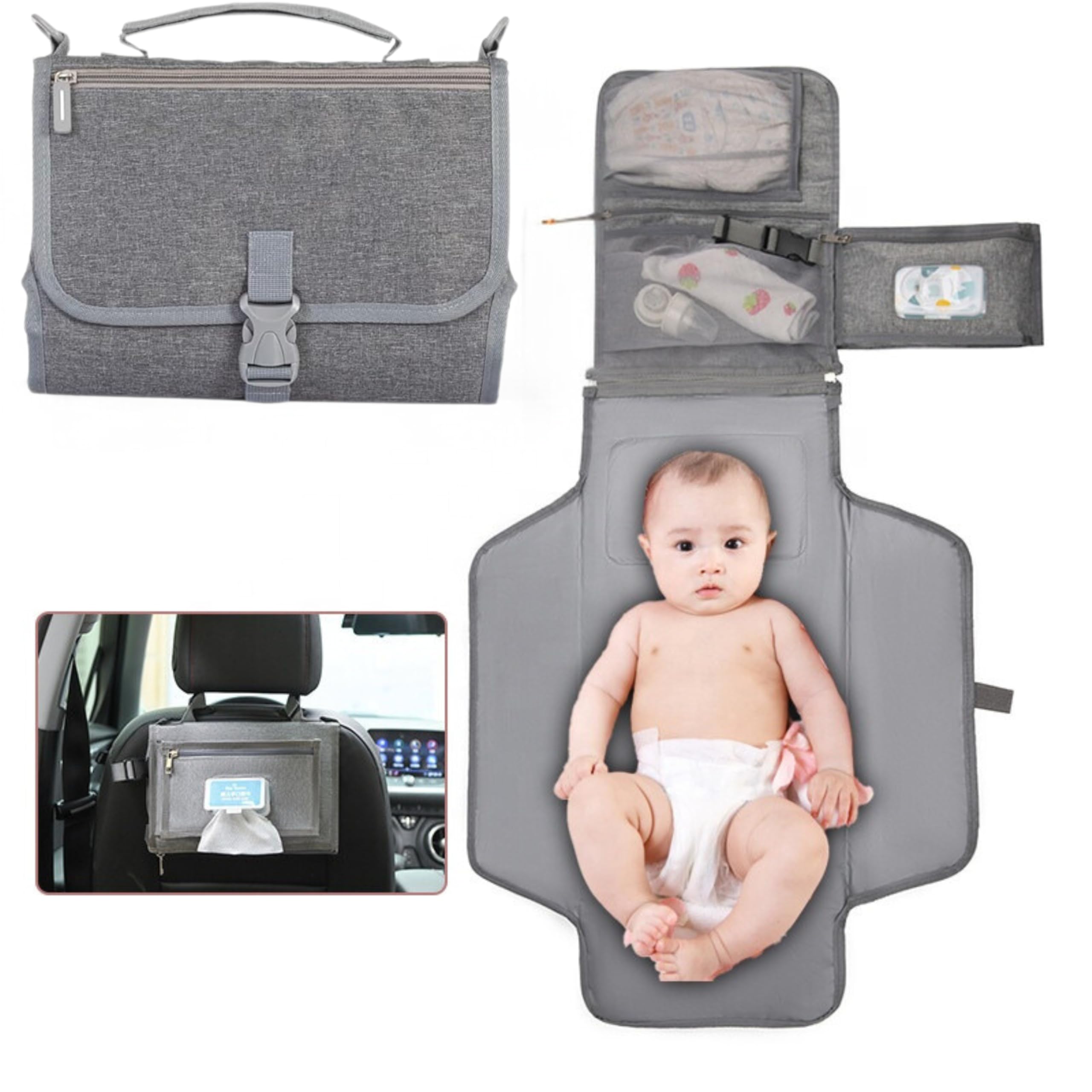 Portable Waterproof Diaper Changing Pad for Newborns - Travel Baby Changing Mat with Smart Wipes Pocket - Perfect for On-the-Go Parents, Nursery & Diaper Bags (Grey)