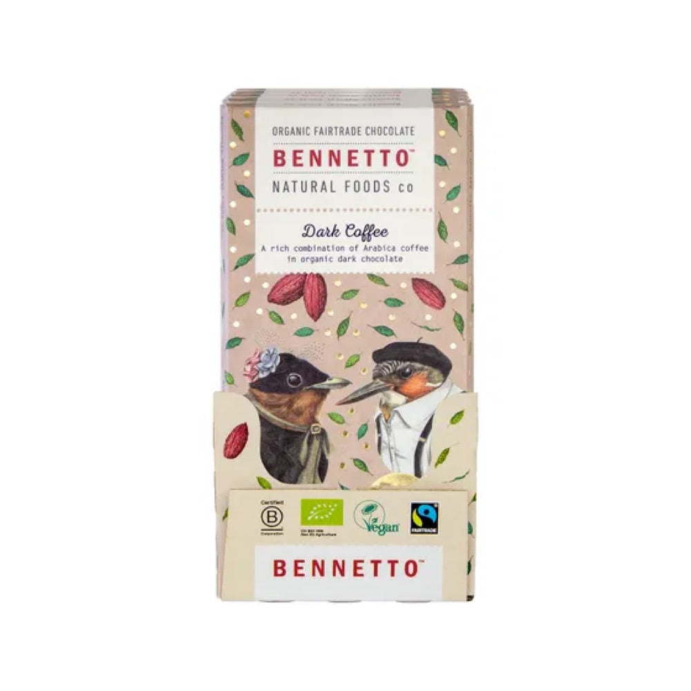 BENNETTO Organic Dark Chocolate with Coffee 80g - Premium Vegan Snack for Gifts, Desserts & Healthy Energy Boost