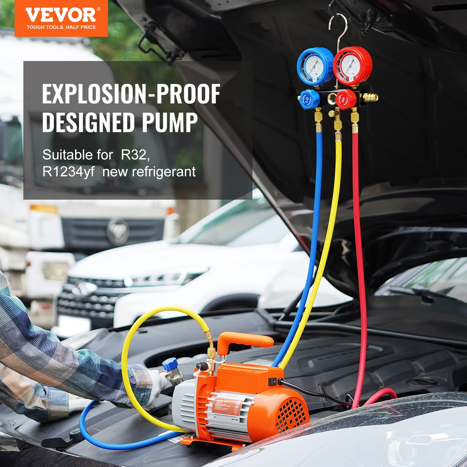 VEVOR 3.5 CFM AC Vacuum Pump & Gauge Set for A2L & A1 Refrigerants (R1234yf R134a) - 1-Stage Rotary Vane Vacuum Pump with Manifold Gauge Kit, Quick Coupler & Bottle Opener - Perfect for HVAC Repair, Auto AC Service & Refrigerant Recovery