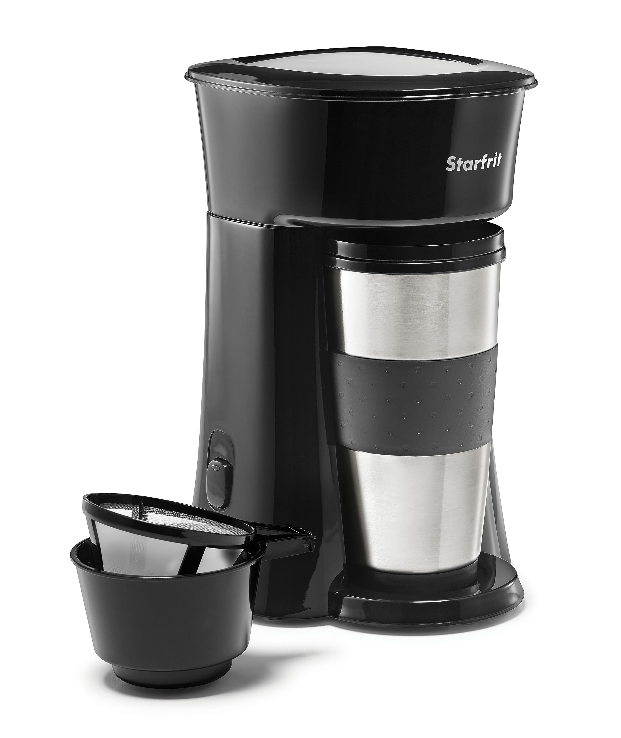 Starfrit Black Single Serve Coffee Maker with Stainless Steel Travel Mug - Perfect for Home, Office, and Travel Use
