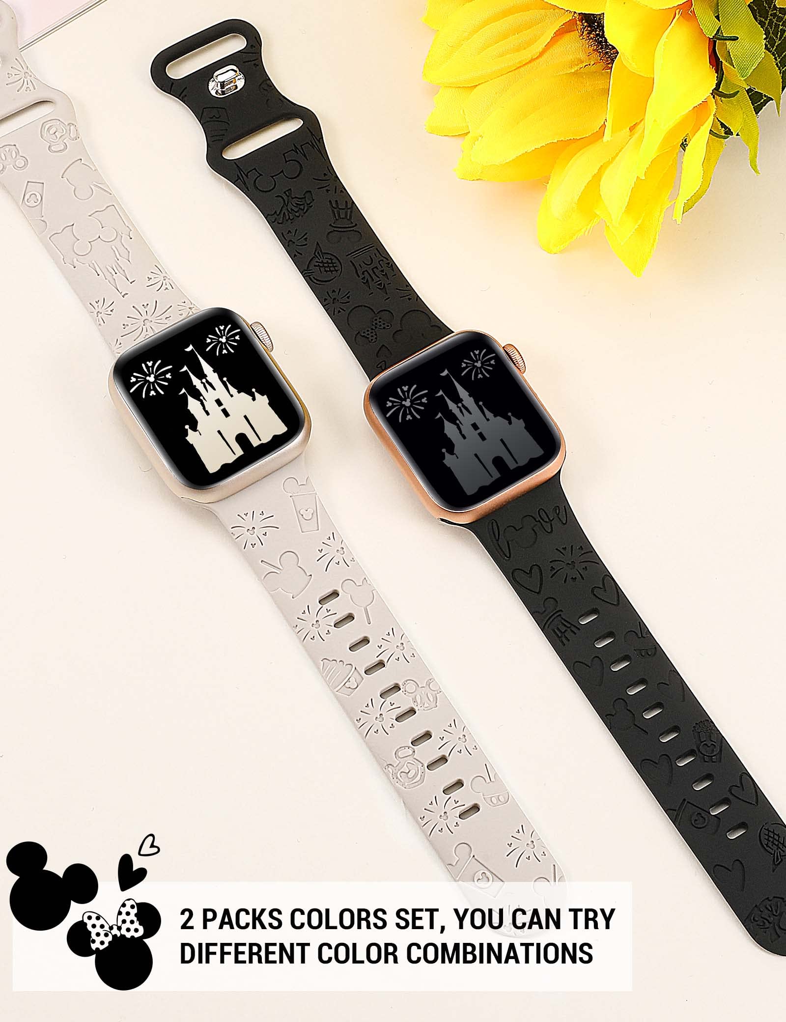 Girovo 2-Pack Cute Anime Cartoon Engraved Soft Silicone Bracelet Strap Compatible with Apple Watch 40mm 38mm 41mm 42mm for Women - iWatch Band for Series 10/9/8/7/6/5/4/3/2/1/SE/SE2 (Starlight/Black) - Perfect for Daily Wear, Workouts & Fashion Accessories