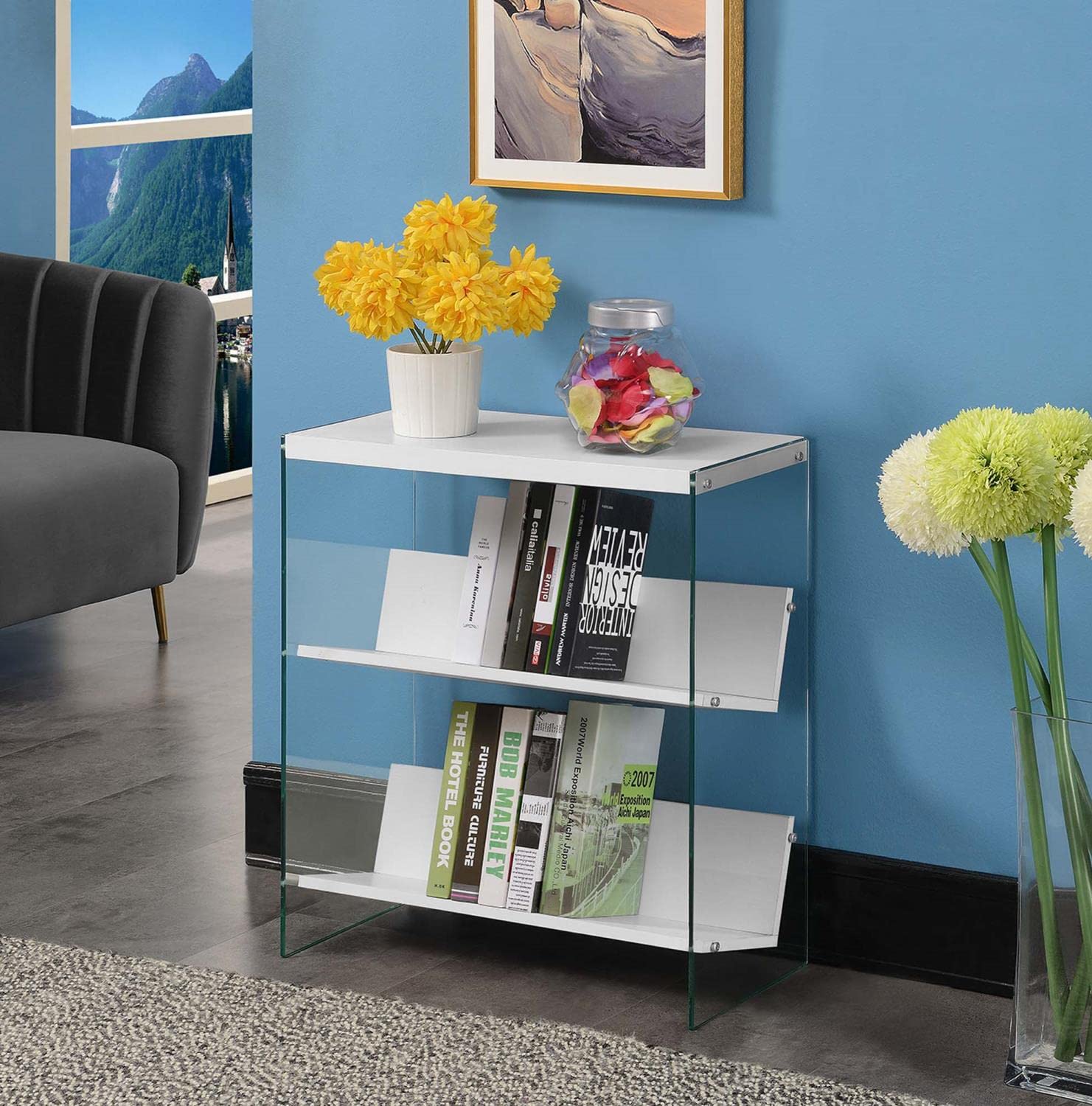 Convenience Concepts Soho Bookcase - White & Glass Shelving Unit for Home Office, Living Room & Bedroom Storage | Modern Bookshelf with Glass Doors