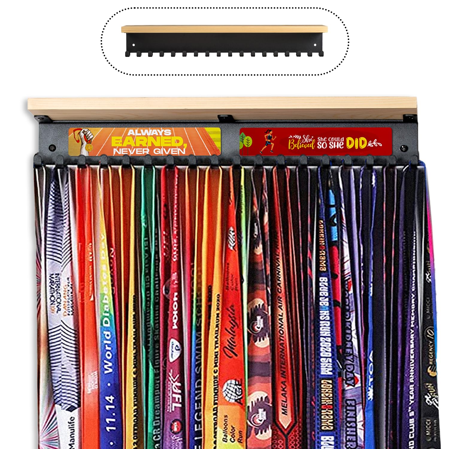 Beaux Creatives Premium Medal Hanger Display with Shelf - 18 Hooks Holds Up to 60 Medals - Wall Mount Trophy Organizer with Motivational Quotes - Perfect for Sports Awards, Military Ribbons & Achievement Displays in Home, Office or Gym