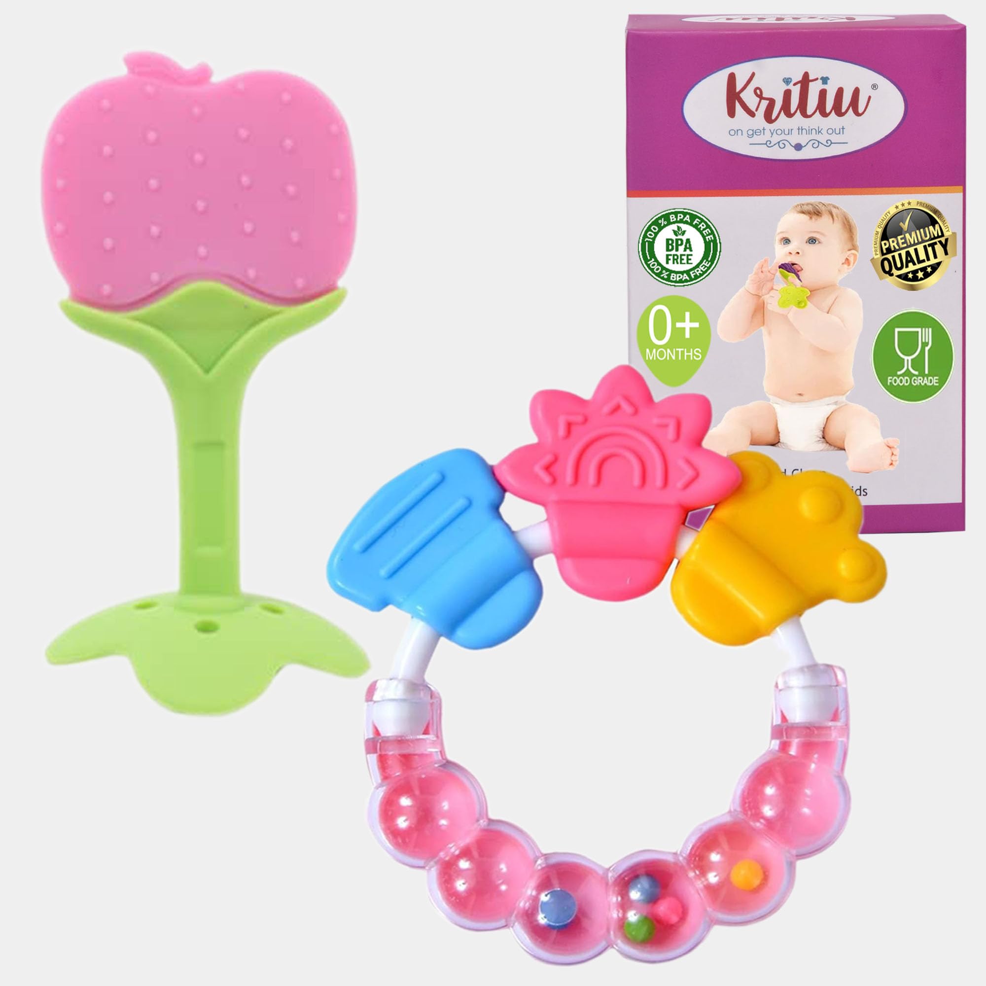 Kritiu Baby Silicone Giraffe Teether & Fruit Vegetable Nibbler Set - BPA Free Textured Teething Toys for Infants - Soothing Relief for Sore Gums - Perfect for Home, Travel & Daycare - Pink (2-Pack)