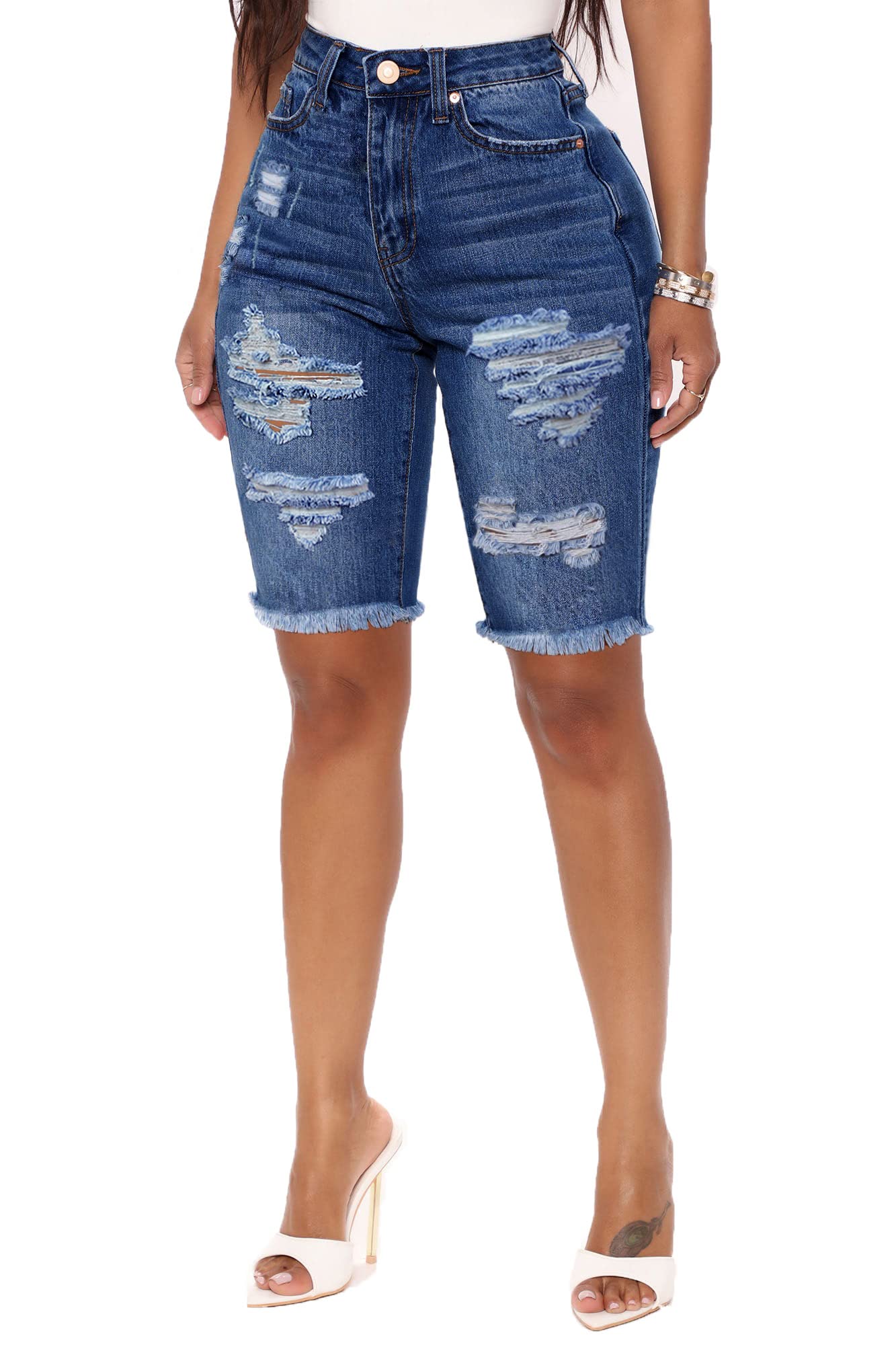 **Atditama Women's Distressed Ripped Jean Shorts - Elastic Mid High Waist Denim Shorts with Frayed Hem for Casual Wear | Perfect for Summer, Beach, and Street Style**