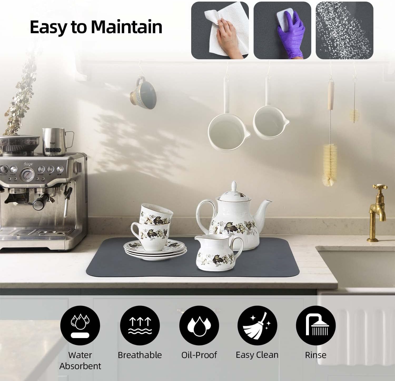 ZEMANIA 3D Print Non-Slip Dish Drying Mat - 40x30cm Absorbent Kitchen Counter Pad with Rubber Backing | Perfect for Coffee Machine, Dish Rack & Countertop Drying | Stain-Resistant & Quick-Dry Design for Busy Kitchens