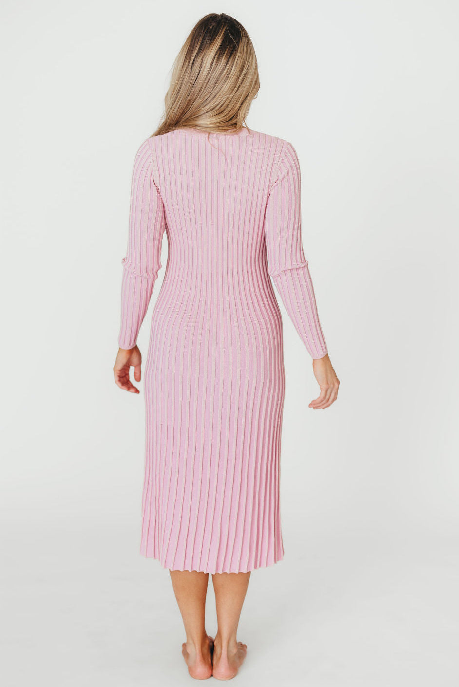 Lacey Long Sleeve Ribbed Sweater Midi Dress in Pink - Bump Friendly Maternity Dress for Pregnancy & Nursing, Perfect for Fall/Winter, Date Night & Baby Shower