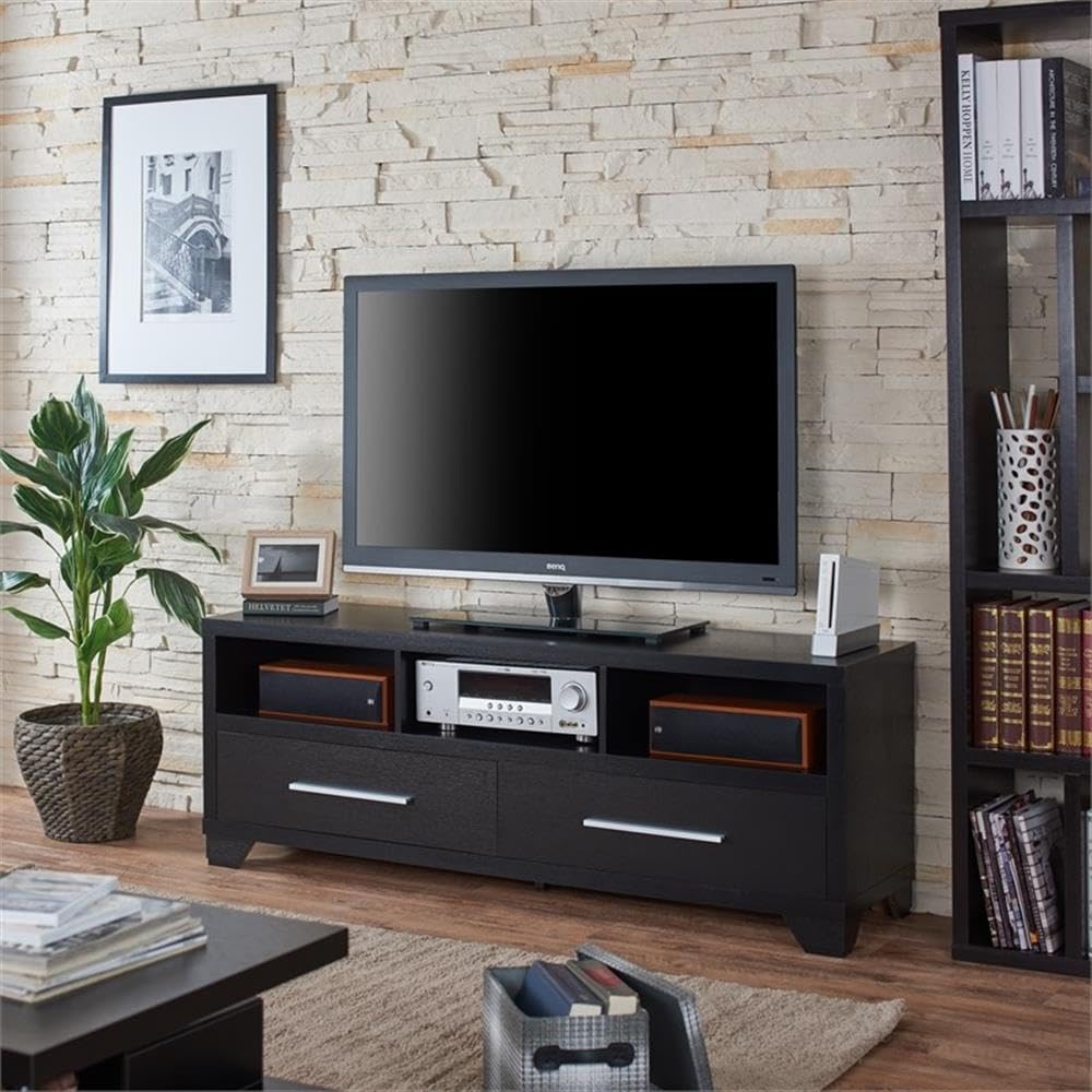 Furniture of America Porcardo 60-Inch Black Wood TV Stand with 2 Drawers - Perfect for Living Room, Bedroom & Home Entertainment Storage