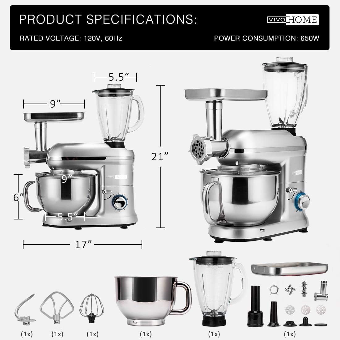 VIVOHOME 3-in-1 Multifunctional Stand Mixer with 6-Quart Stainless Steel Bowl, 650W 6-Speed Tilt-Head Meat Grinder & Juice Blender, Silver - Perfect for Baking, Grinding Meat & Making Smoothies at Home