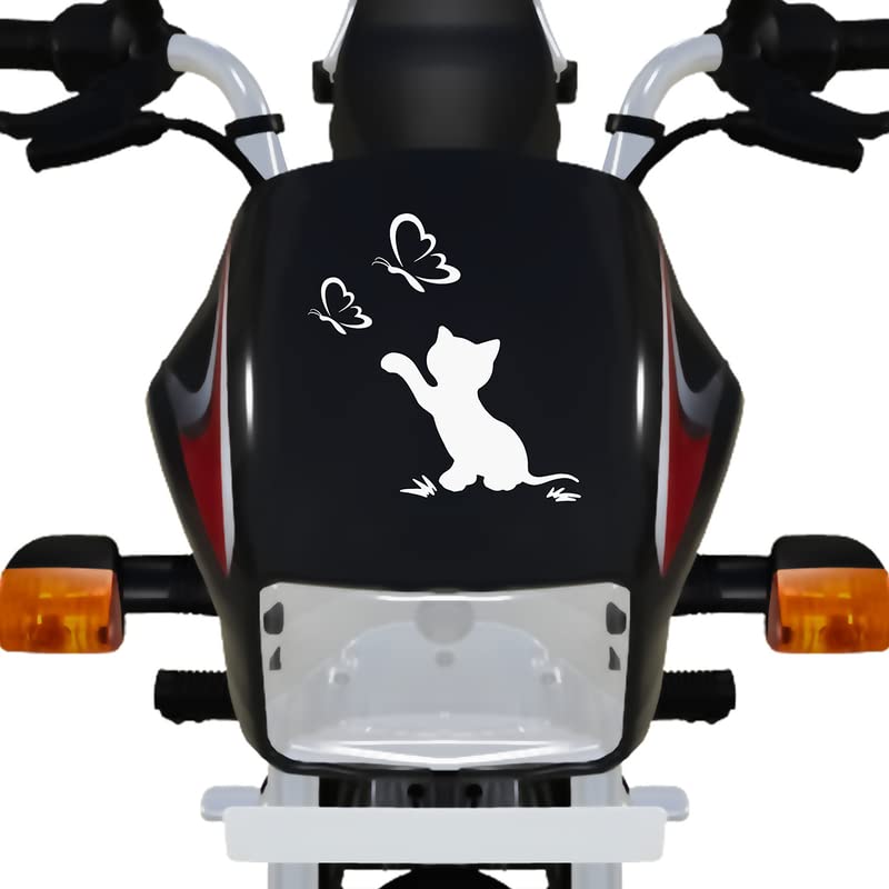 Premium White Cat with Butterfly Bike Sticker - 6x6 Inch Decal for Racer Bikes, Sports Bikes, Scooters & Motorcycles - Waterproof Vinyl Decal for Helmets, Laptops & Outdoor Gear - Perfect for Cycling Enthusiasts & Pet Lovers