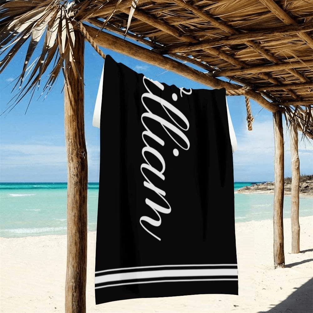 Custom Personalized Beach Towels with Name - Monogrammed Black Stripe Beach Towel for Men, Women & Kids - Soft Quick-Dry Large Beach Blanket for Pool, Vacation & Summer Outdoor Activities