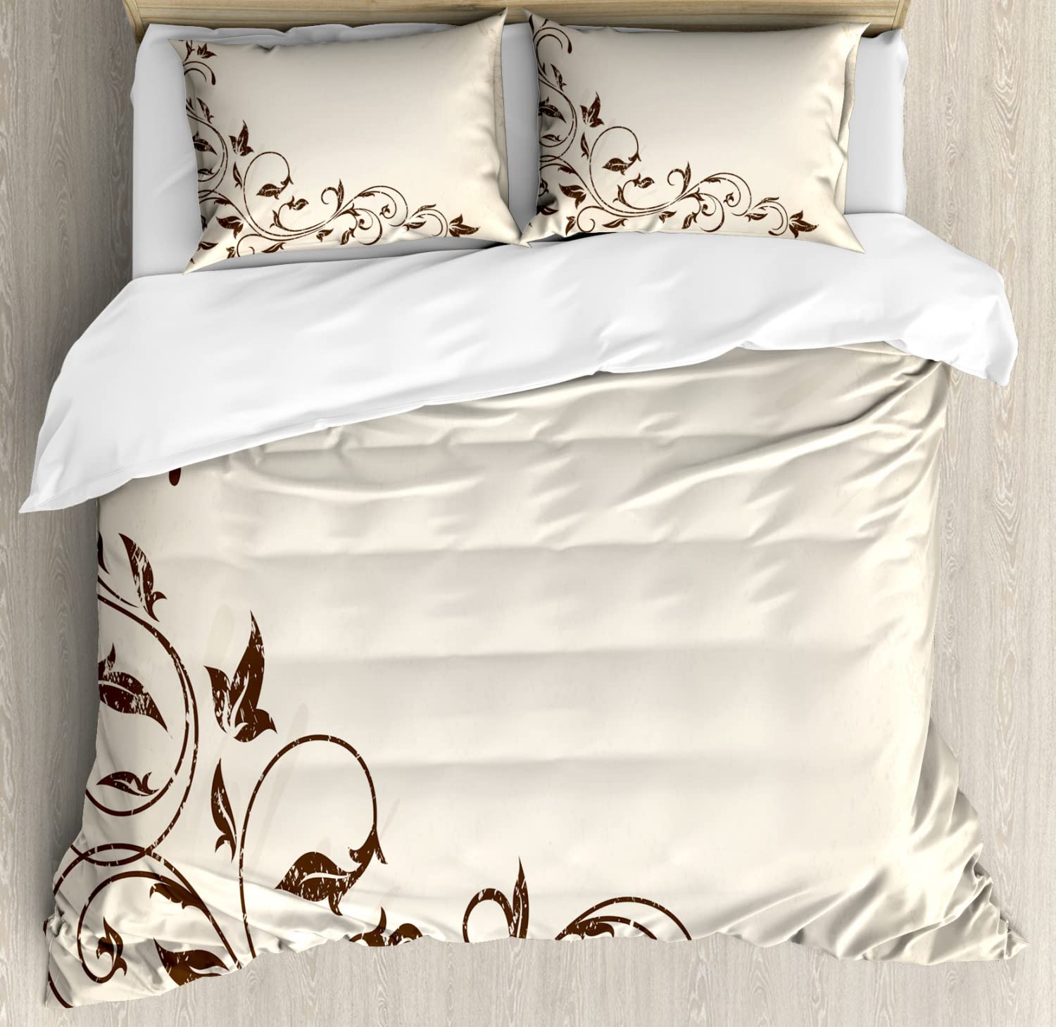 Ambesonne Vines Duvet Cover Set - King Size 2-Pack with 2 Duvet Covers & 4 Pillowcases, Framed Grape Leaves Grunge Ornament Design in Eggshell Dark Cocoa - Perfect for Bohemian & Vintage Bedroom Decor