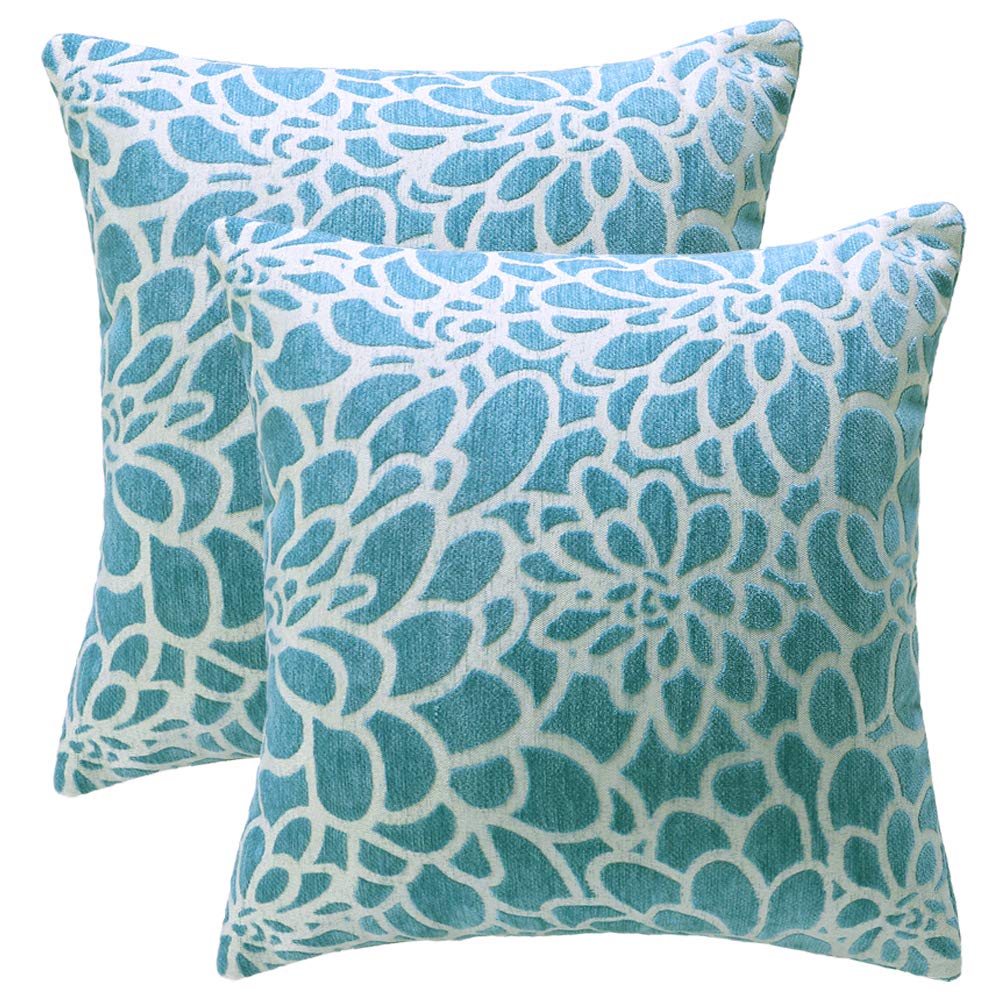 Decorative Throw Pillow Covers Set - 2pcs 18x18 Inch Double-Sided Embroidered Flower Cushion Cases for Thanksgiving & Home Decor (Blue) | Handmade Pillow Shams for Sofa, Bedroom & Living Room