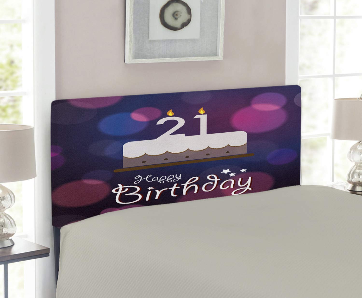 Ambesonne 21st Birthday Headboard - Twin Size Upholstered Metal Bed Frame with Memory Foam | Happy Birthday & Stars Design in Abstract Pink & Eggplant Purple | Perfect for Birthday Decor, Teen Bedroom & Dorm Room Makeover