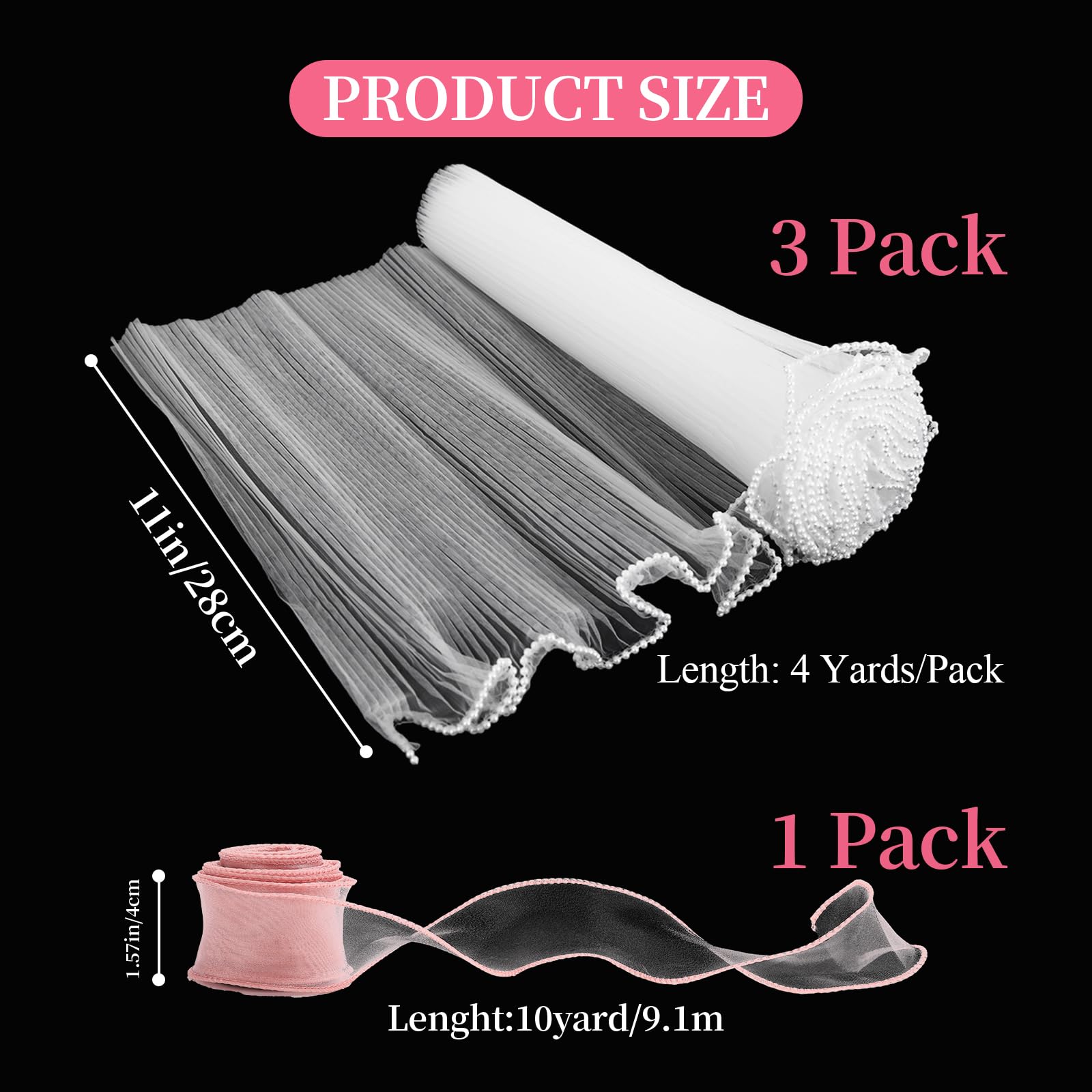 JINIOHEE 3 Pack Floral Bouquet Wrapping Paper - 4 Yards Korean Flower Wrapping Mesh with 9m Ribbons, DIY Gift Packaging Supplies for Wedding, Birthday & Party Decor - White Wrinkle Wave Craft Paper