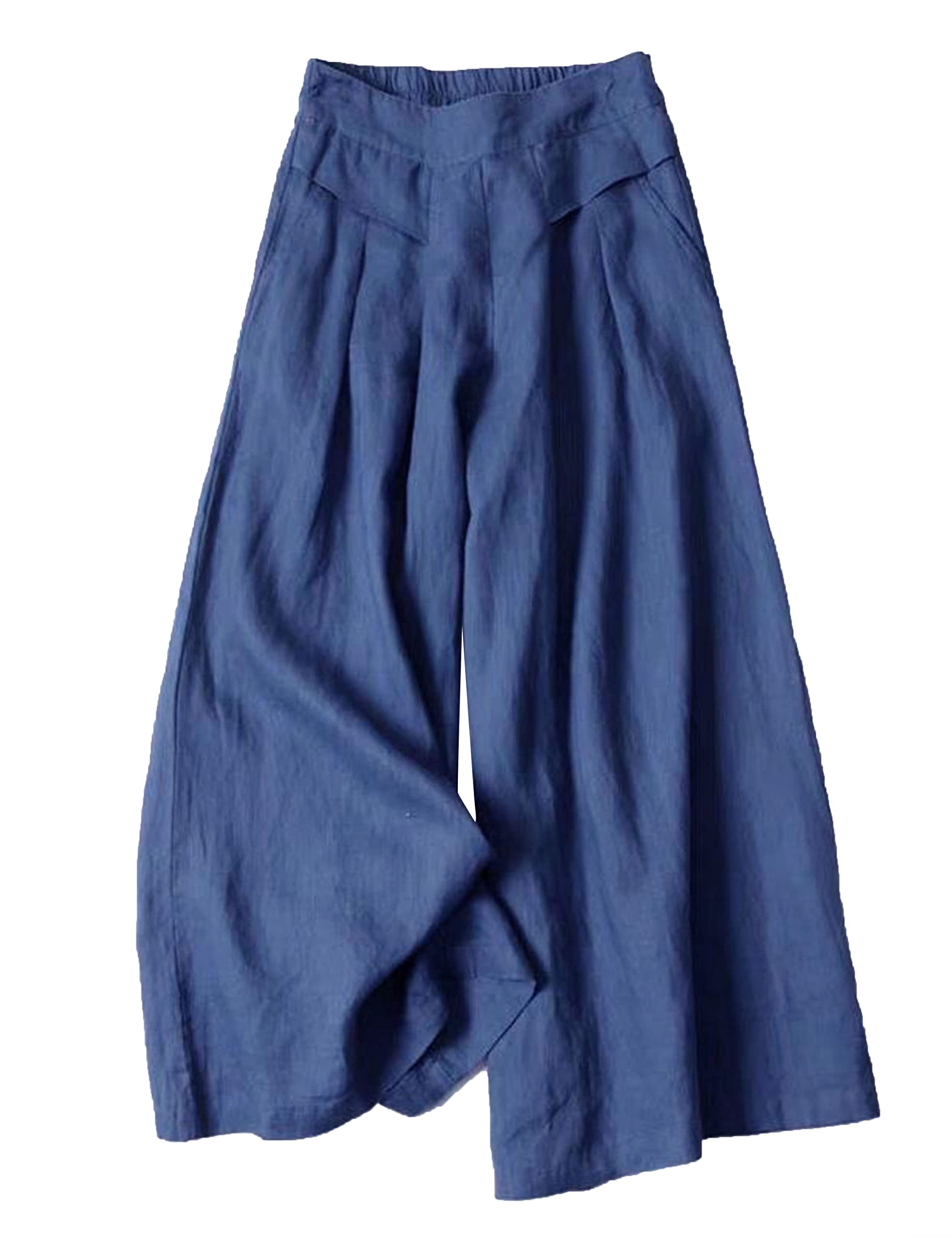 HangNiFang Women's Cotton Linen Wide Leg Pants - Elastic High Waist Summer Work Trousers for Office, Travel & Casual Wear