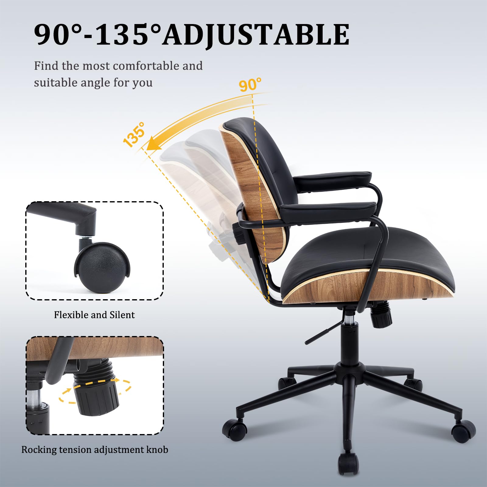 Mid Century Modern Office Chair with Adjustable Height & Armrests - Walnut Back Ergonomic Desk Chair with Wheels for Home Office, Study, Reading Room - Black (Set of 1) | Perfect for Workspaces, Libraries & Cozy Home Offices