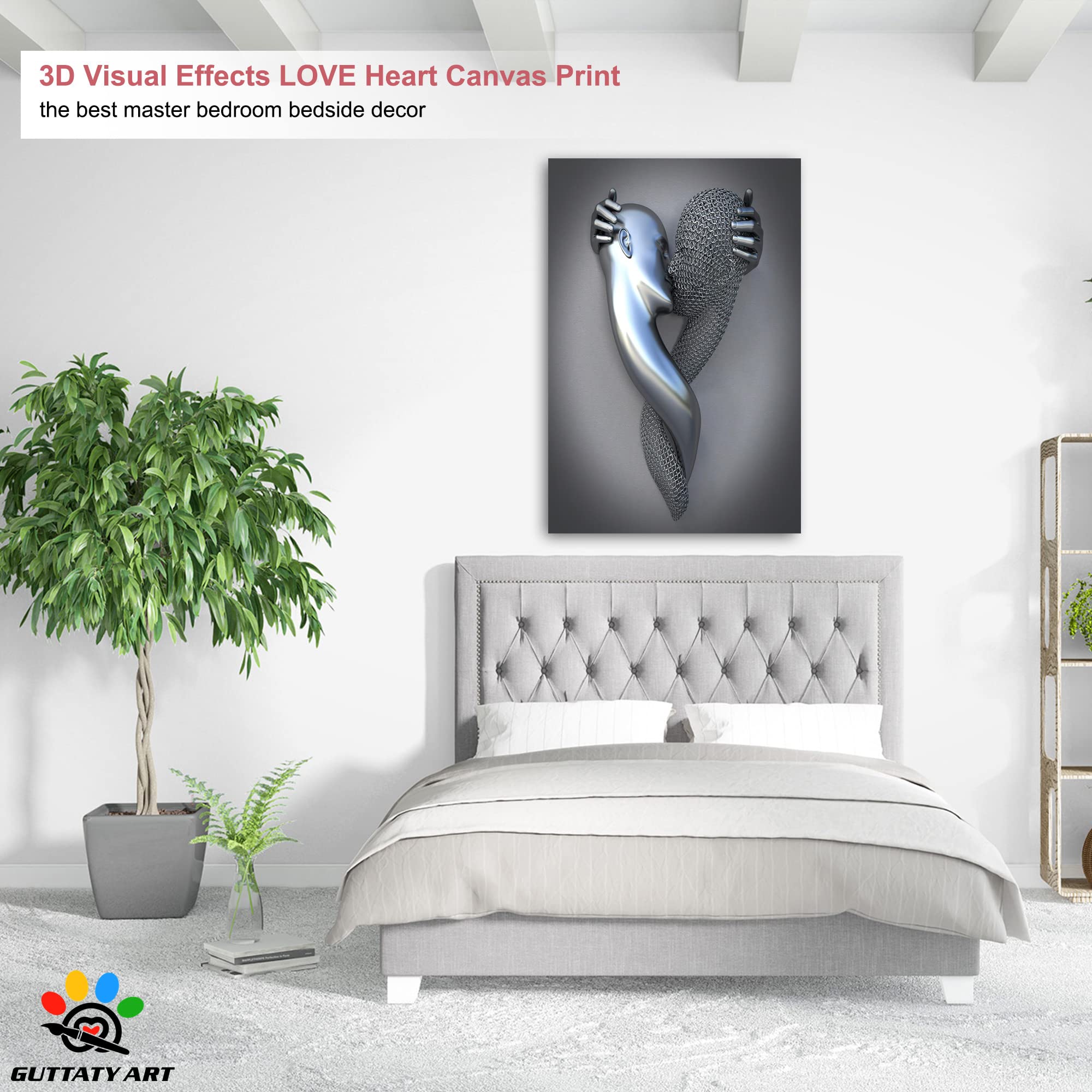 3D Metal Effect Love Heart Gray Canvas Wall Art - Romantic Kissing Couple Painting for Bedroom & Living Room Decor - Valentine's Day Gift for Couples (32x48 Inches) - Perfect for Anniversary, Wedding & Home Interior Design