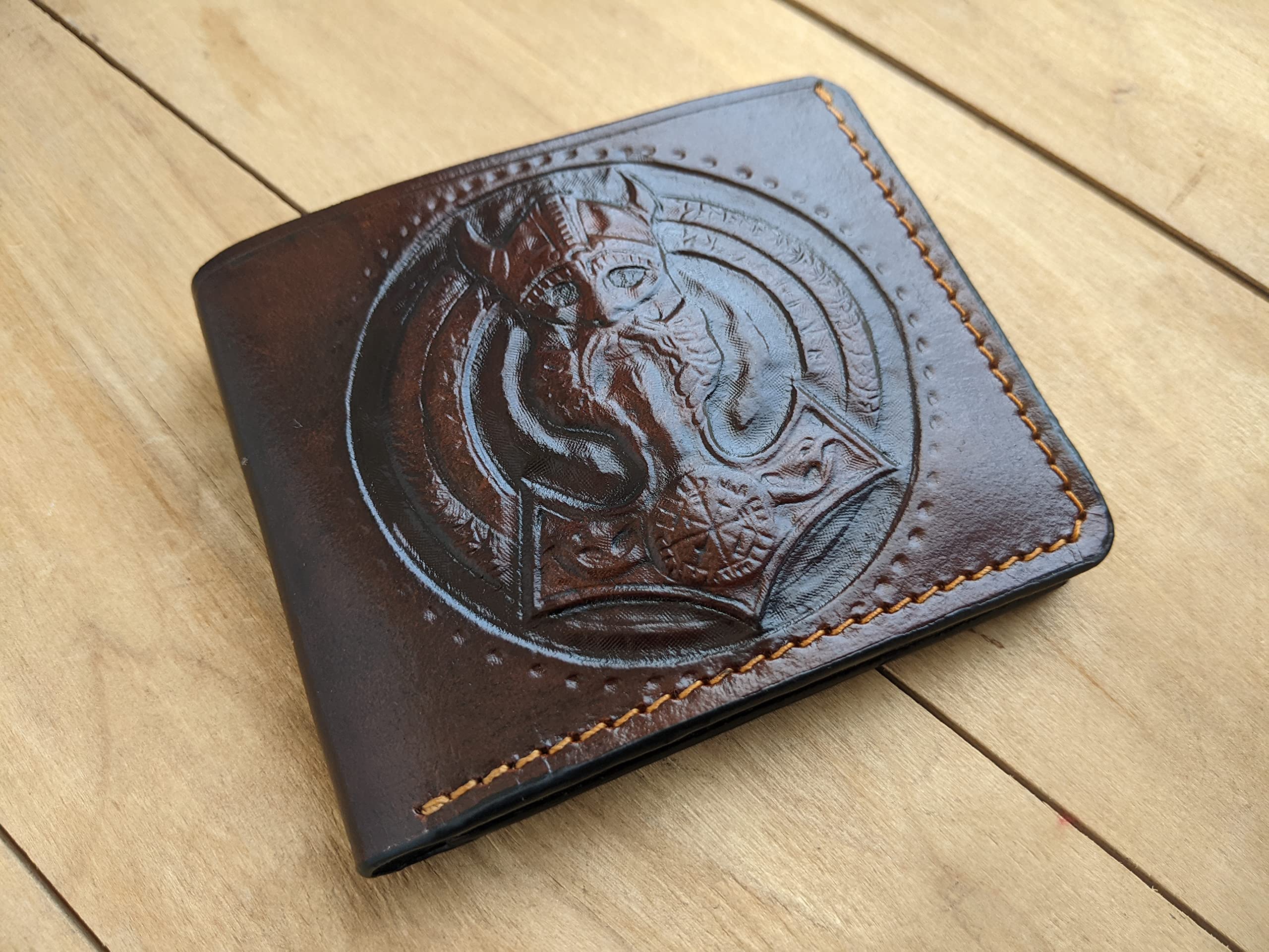Thor Hammer Viking Men's 3D Genuine Leather Bifold Wallet - Handmade Odin Mjolnir Carved Tooled Airbrush Art Custom Personalized Wallet for Everyday Use & Gift Giving