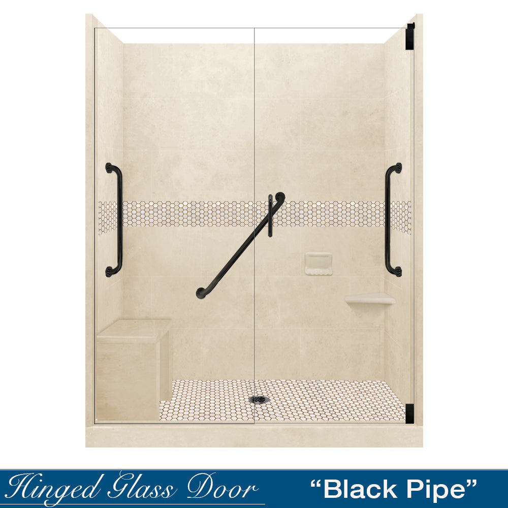 Freedom 60 Alcove Shower Kit - Desert Sand Sistine Stone & Honey Hex Mosaic Tile Backsplash (DIY Bathroom Remodel for Home, Apartment, or RV) - Perfect for Modern Bathroom Upgrades and Spa-Like Shower Experiences