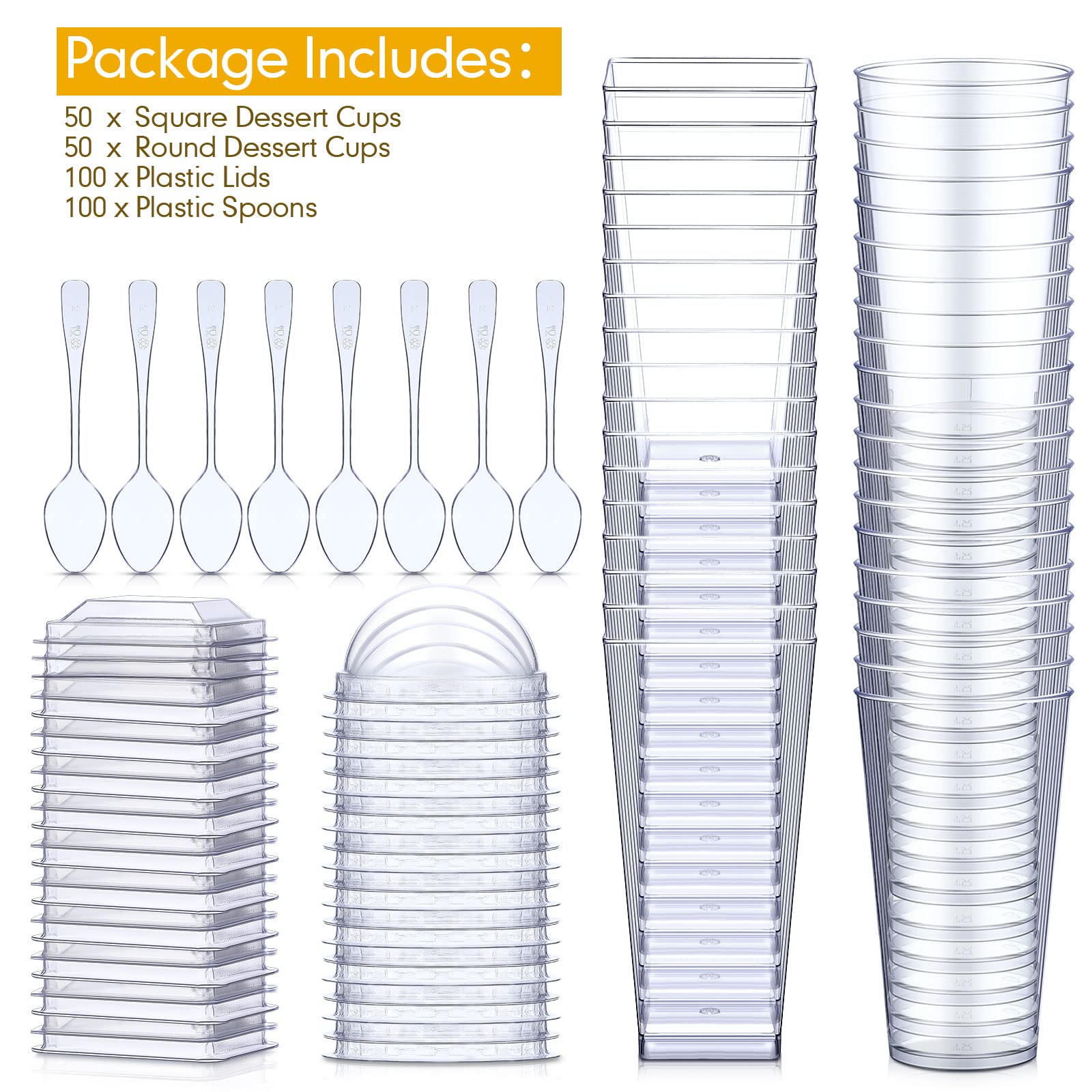 Nuogo 100-Pack Clear Plastic Mini Dessert Cups with Lids & Spoons - Disposable Square Parfait Containers & Round Cake Cups for Party Appetizers, Pudding, Ice Cream, Yogurt | Perfect for Catering, Wedding, Baby Shower & Holiday Dessert Displays