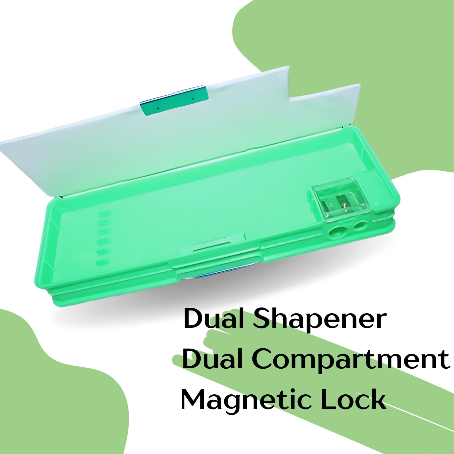 Magnetic Geometry Box with Sharpener - Smiley Printed Multipurpose Pencil Case for School, Compass & Dual-Side Storage - Light Green Pencil Box for Boys & Girls | Perfect for Math Class, Art Projects & School Supplies Organization