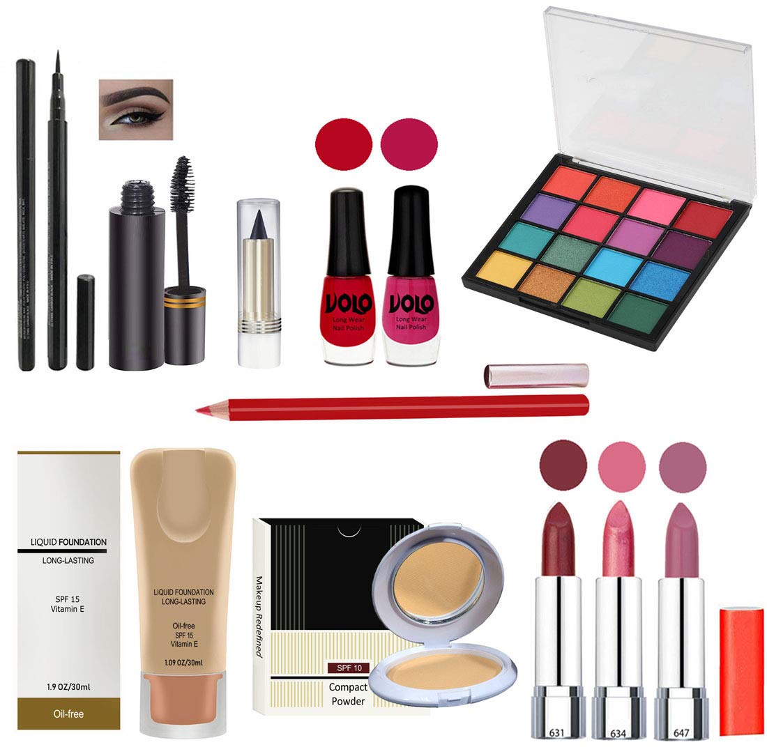 G4U Complete 12-Piece All-in-One Makeup Kit for Women - Includes 3 Lipsticks, Eyeliner, Mascara, Kajal, 2 Nail Polishes, 16-Color Eyeshadow Palette, Foundation, Compact Powder & Lipliner | Perfect for Everyday Makeup, Travel & Professional Use