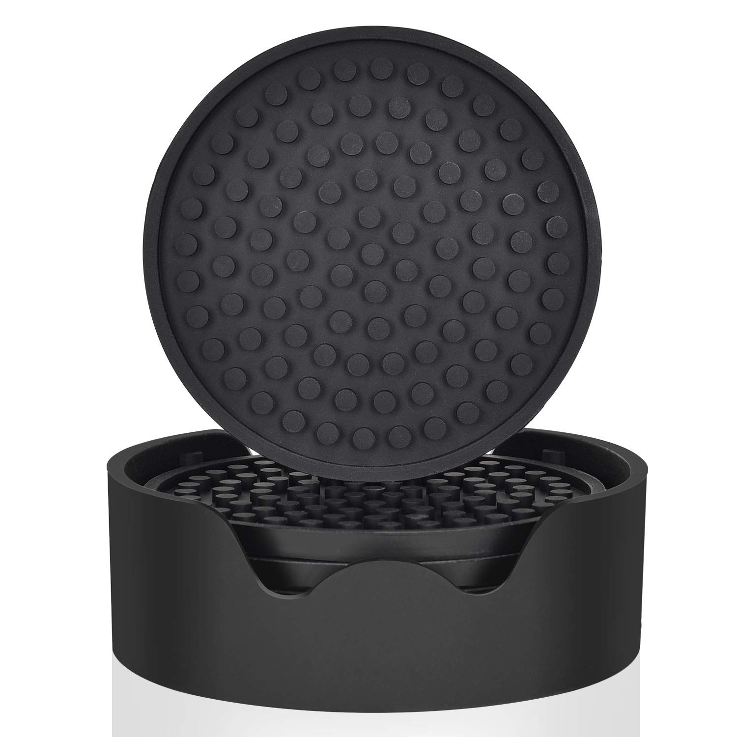 Veotore Set of 6 Large Black Silicone Drink Coasters with Holder - Non-Slip Cup & Mug Protectors for Coffee Table, Office Desk, and Home Decor (Black)