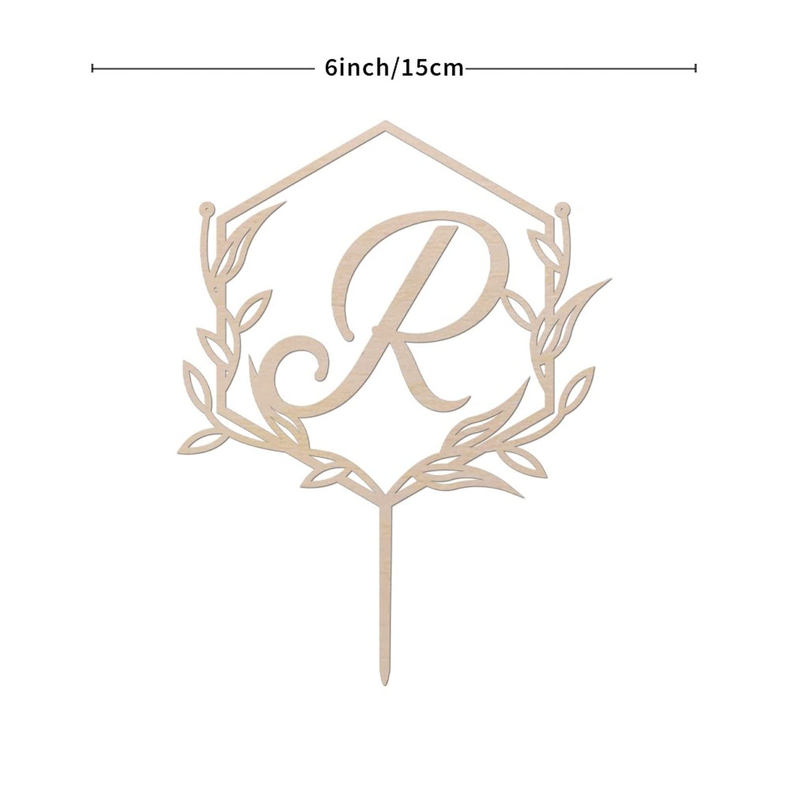 Personalized Wooden Monogram Cake Topper - Rustic Initial Letter R Wreath for Wedding, Birthday & Anniversary Cakes - Handmade Cake Decoration (Design 03)