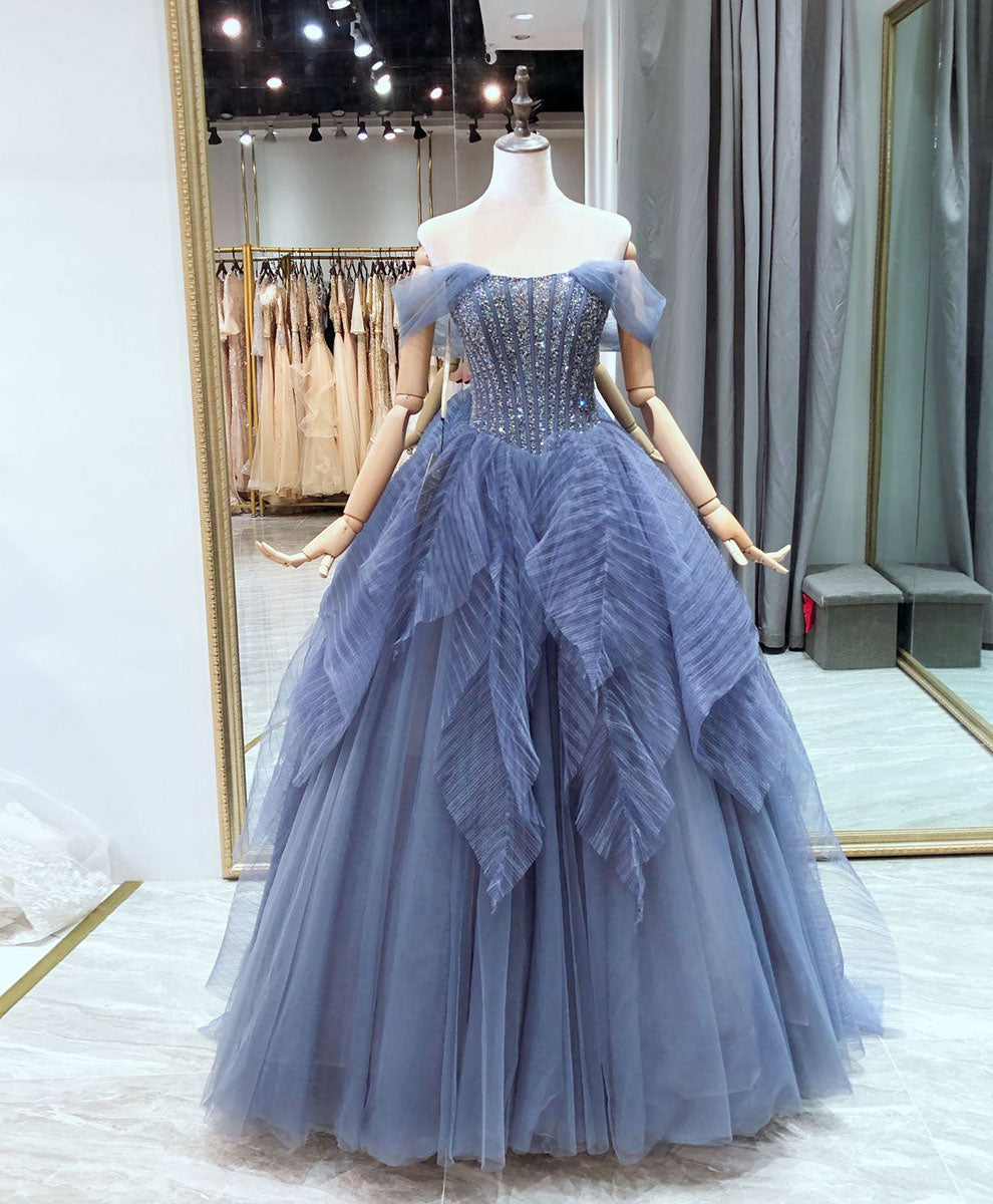 Elegant Blue Sweetheart Neckline Tulle Beads Sequin Long Prom Dress | Formal Graduation Gown for Women | Perfect for Homecoming, Prom Night & Special Occasions