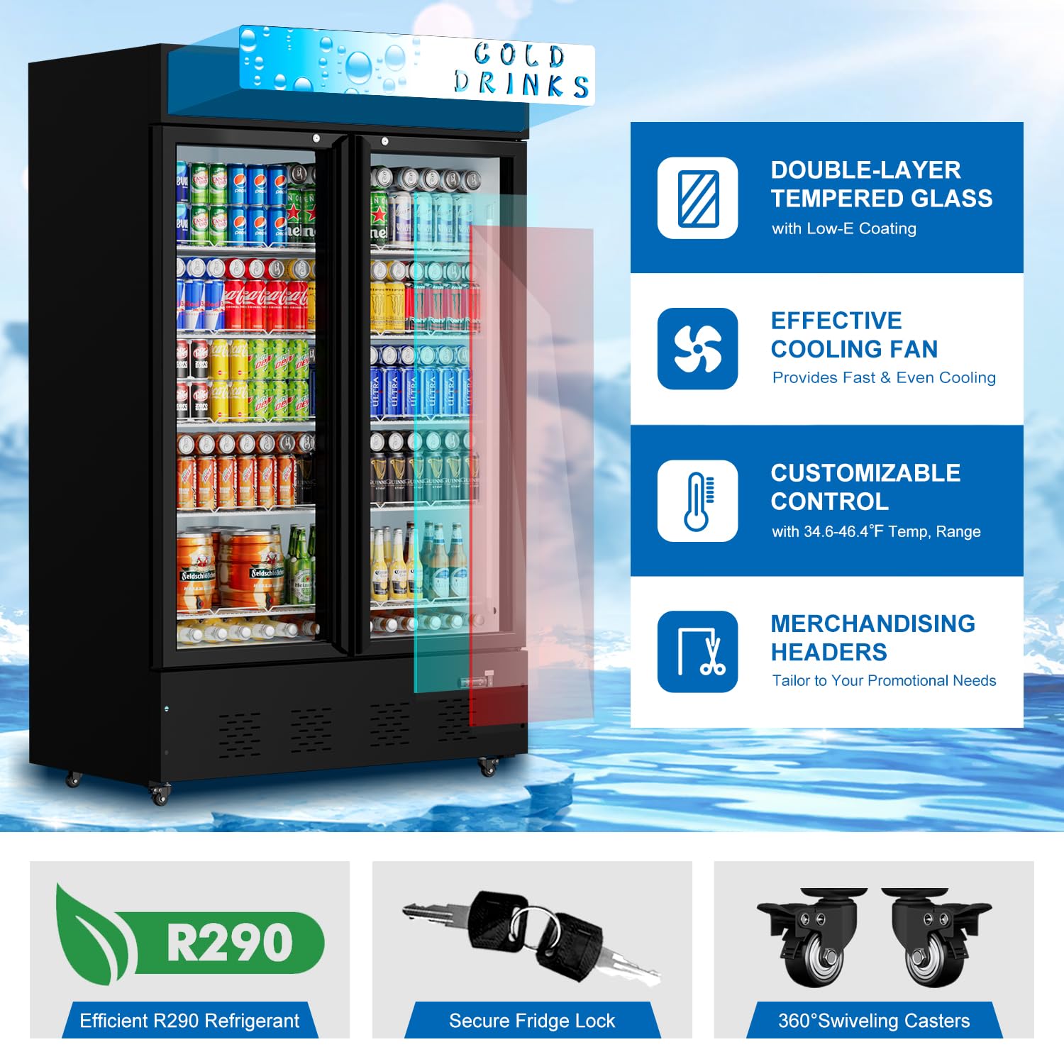 40 Cu.ft. Commercial Beverage Refrigerator with Glass Door, LED Lighting & Adjustable Shelves - Upright Display Cooler for Restaurants, Grocery Stores, Bars, and Home Use - Perfect for Storing Drinks, Snacks, and Perishable Items