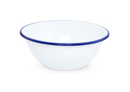 Vintage Style Enamel Serving Bowl 2 Quart - Blue Rimmed Crow Canyon Enamelware for Farmhouse Dining, Picnics & Rustic Kitchen Decor