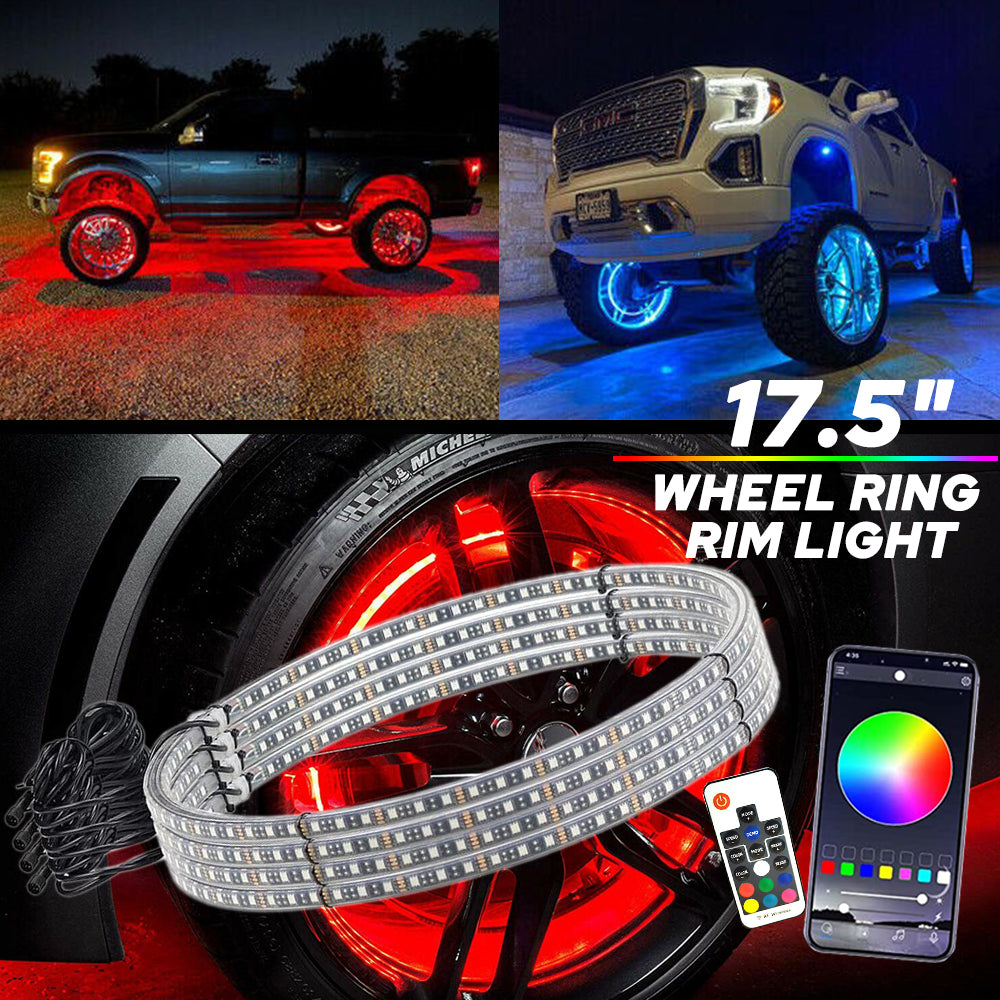 4 Pack 15.5 Inch LED Wheel Ring Lights - RGB Color Changing with Brake, Chase & Turn Signals for Cars & Trucks - APP & Remote Control - Perfect for Off-Roading, Car Shows & Night Cruising