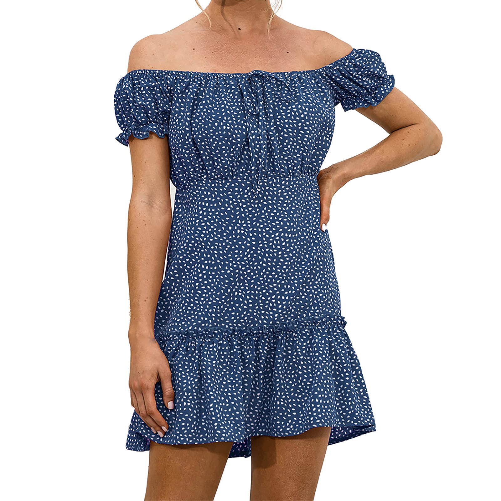 Maikouhai Women's Off Shoulder Puff Sleeve Dress - Sexy Casual Mini Dress with Ruffles & Flowy Hem for Party, Date Night & Summer Outings