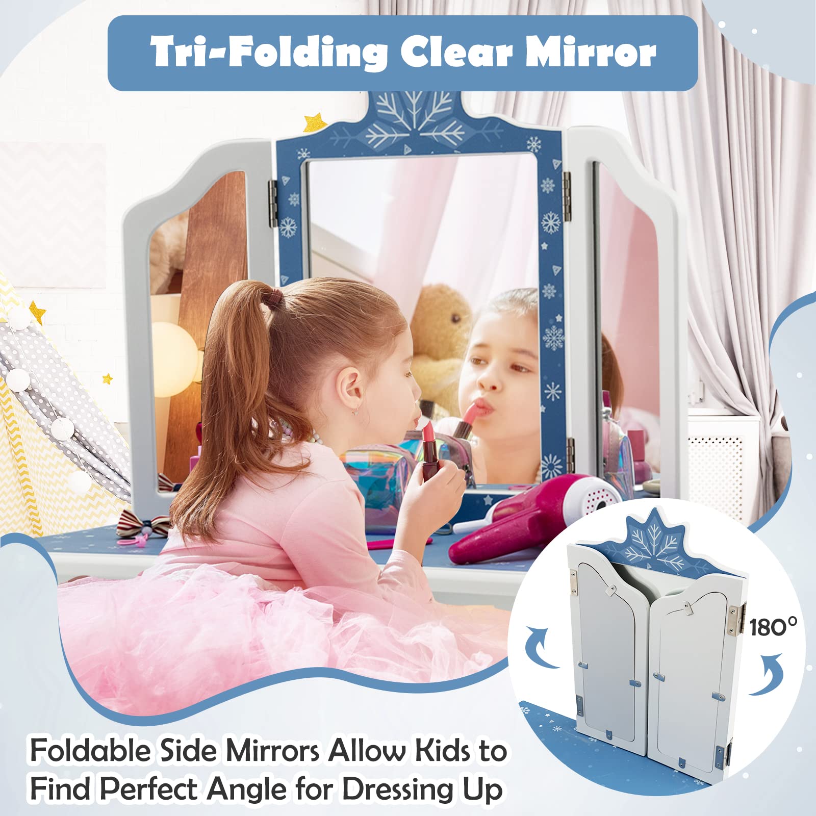 Honey Joy Kids Vanity Set - Princess Makeup Table with Mirror & Stool for Girls Bedroom (Blue) - Perfect for Dress-Up & Pretend Play