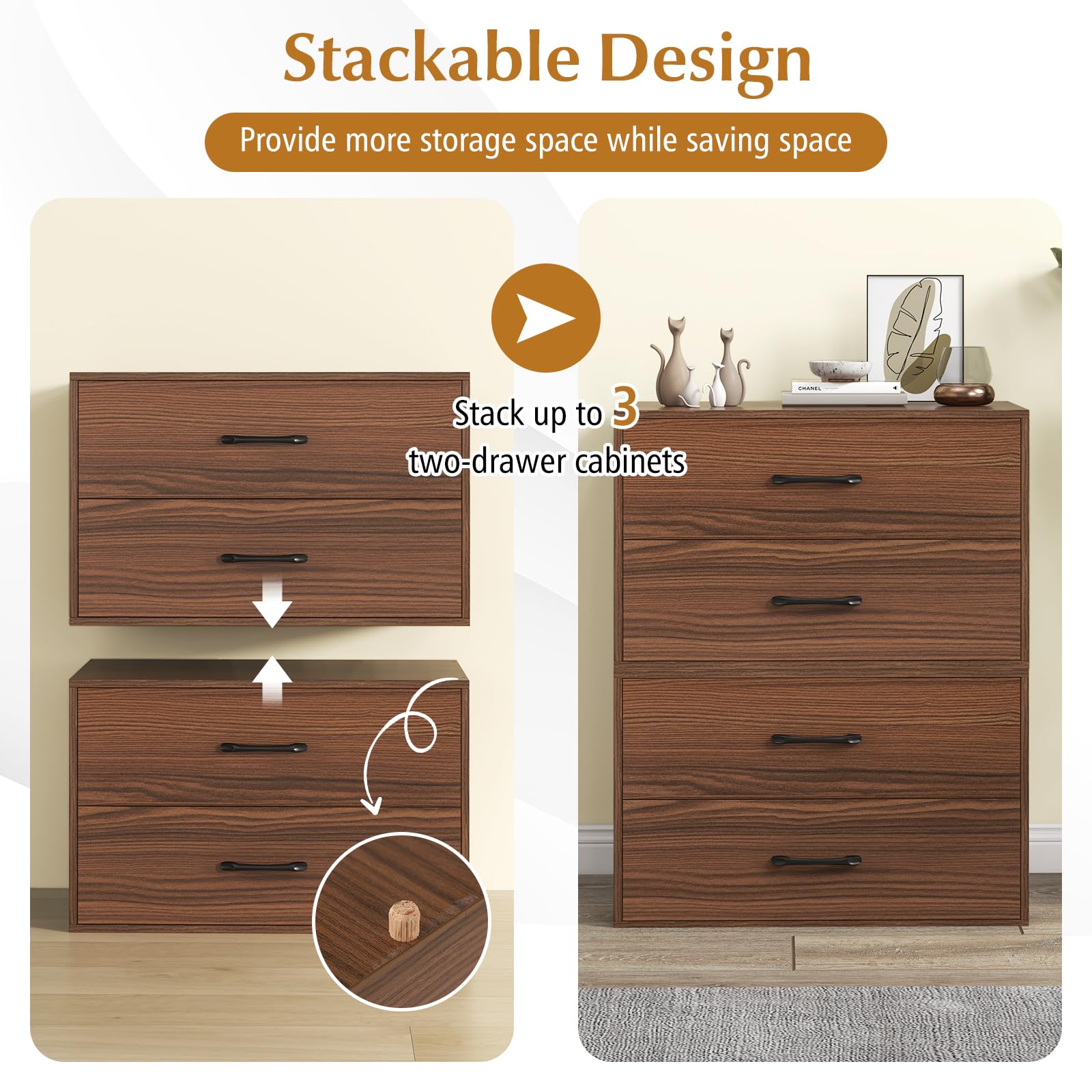 Giantex 2-Drawer Stackable Dresser for Bedroom - Walnut Short Storage Cabinet with Handles & Anti-Tip Safety Device - Perfect for Closet Organization, Small Space Furniture, Nursery or Dorm Room Storage
