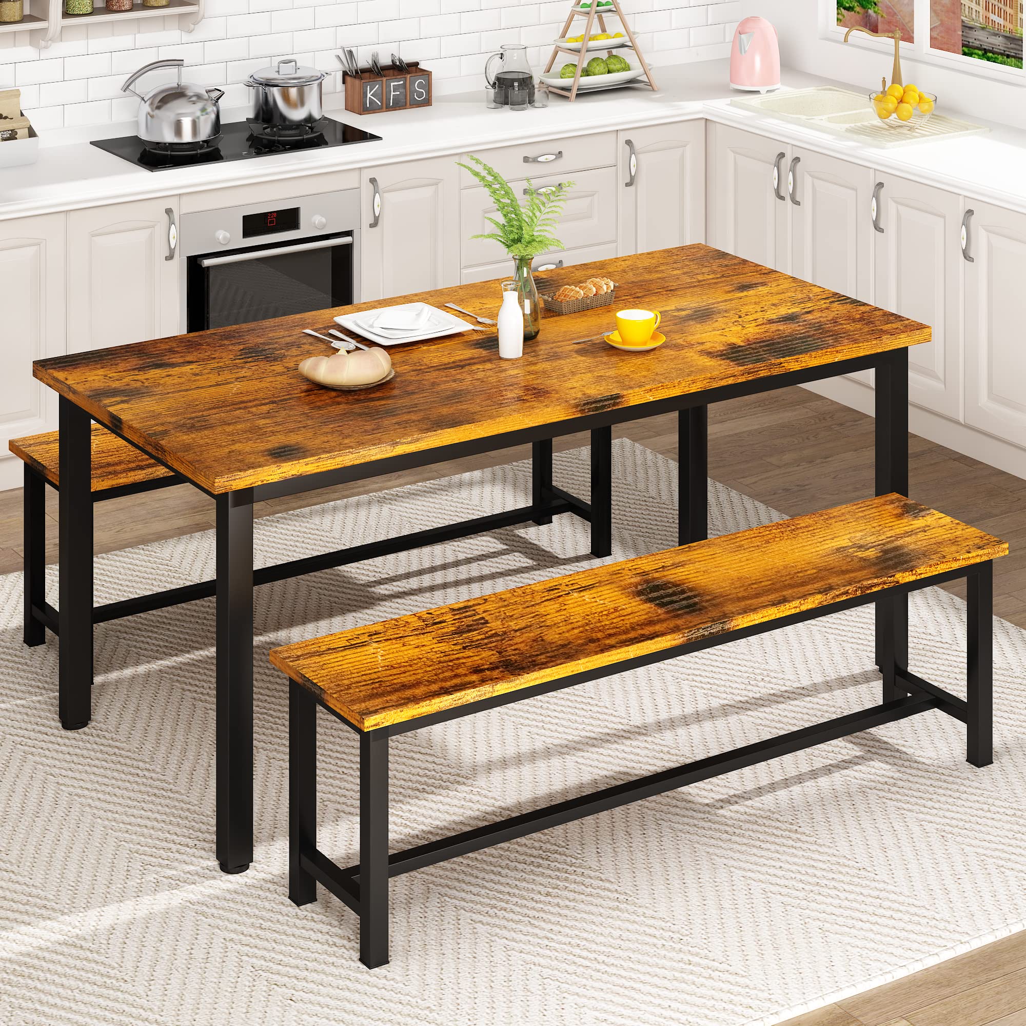 Lamerge 4-Person Kitchen Dining Table Set with 2 Benches - Rustic Brown Space Saving Design 43.3