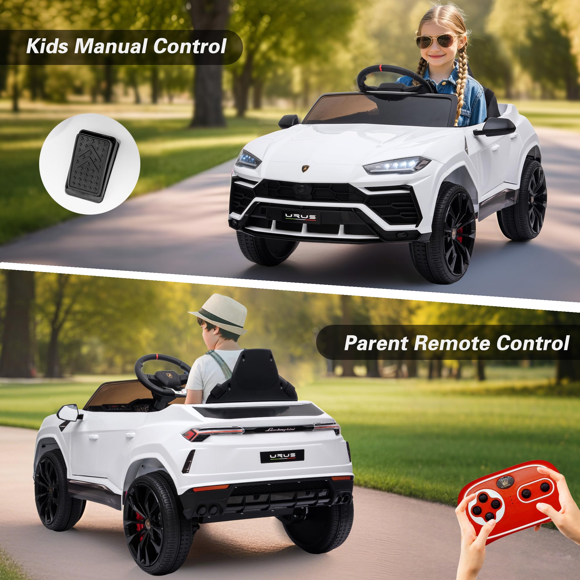 Licensed Lamborghini Urus 12V Electric Ride-On Car for Kids - Remote Control, 2 Speeds, LED Headlights, Music & Aux - Perfect for Birthday Gifts & Outdoor Play (White)