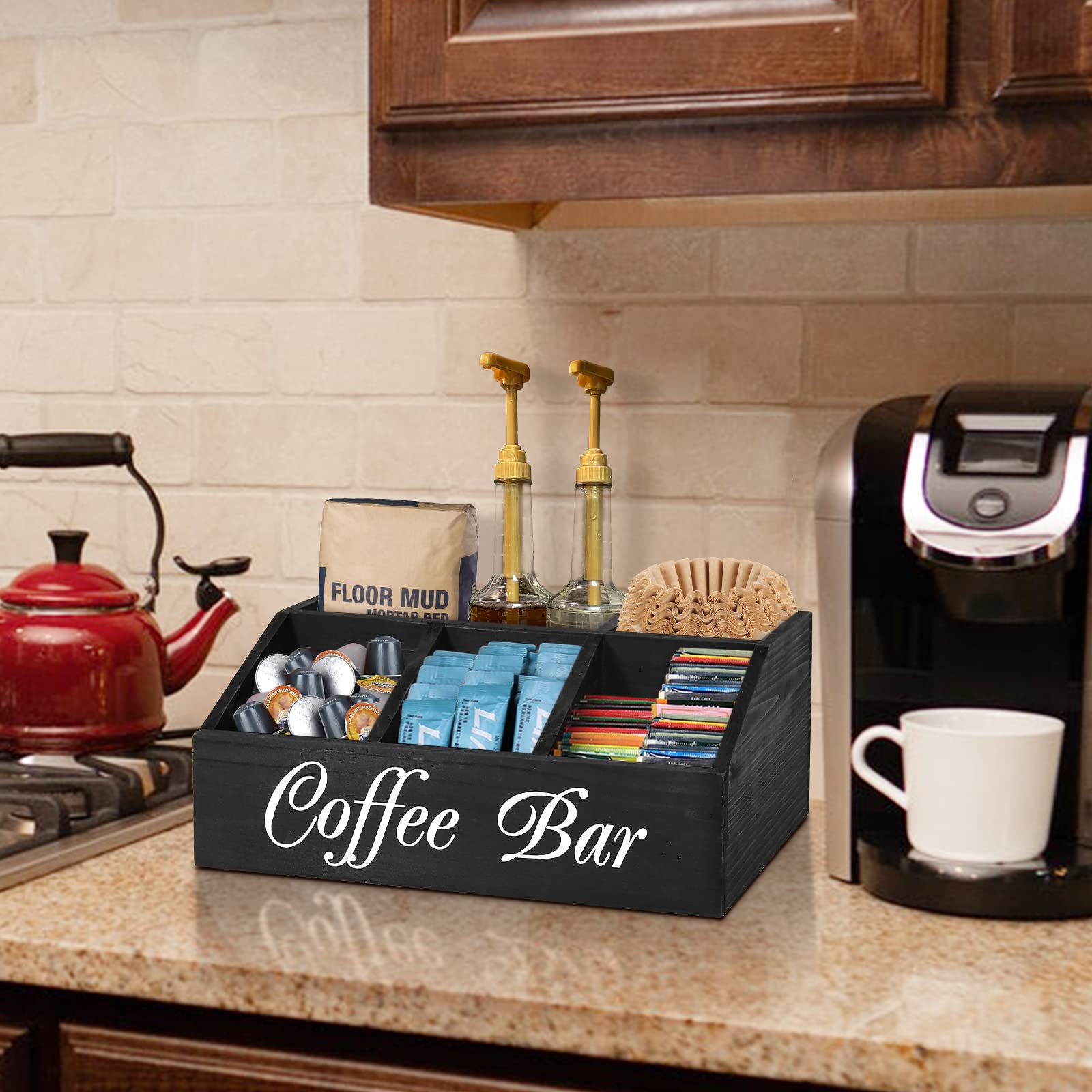 Wooden Coffee Station Organizer - Countertop Pods Holder & Tea Condiment Storage Basket - Coffee Bar Decor for Accessories - Perfect for Kitchen Counter & Home Coffee Bar Setup