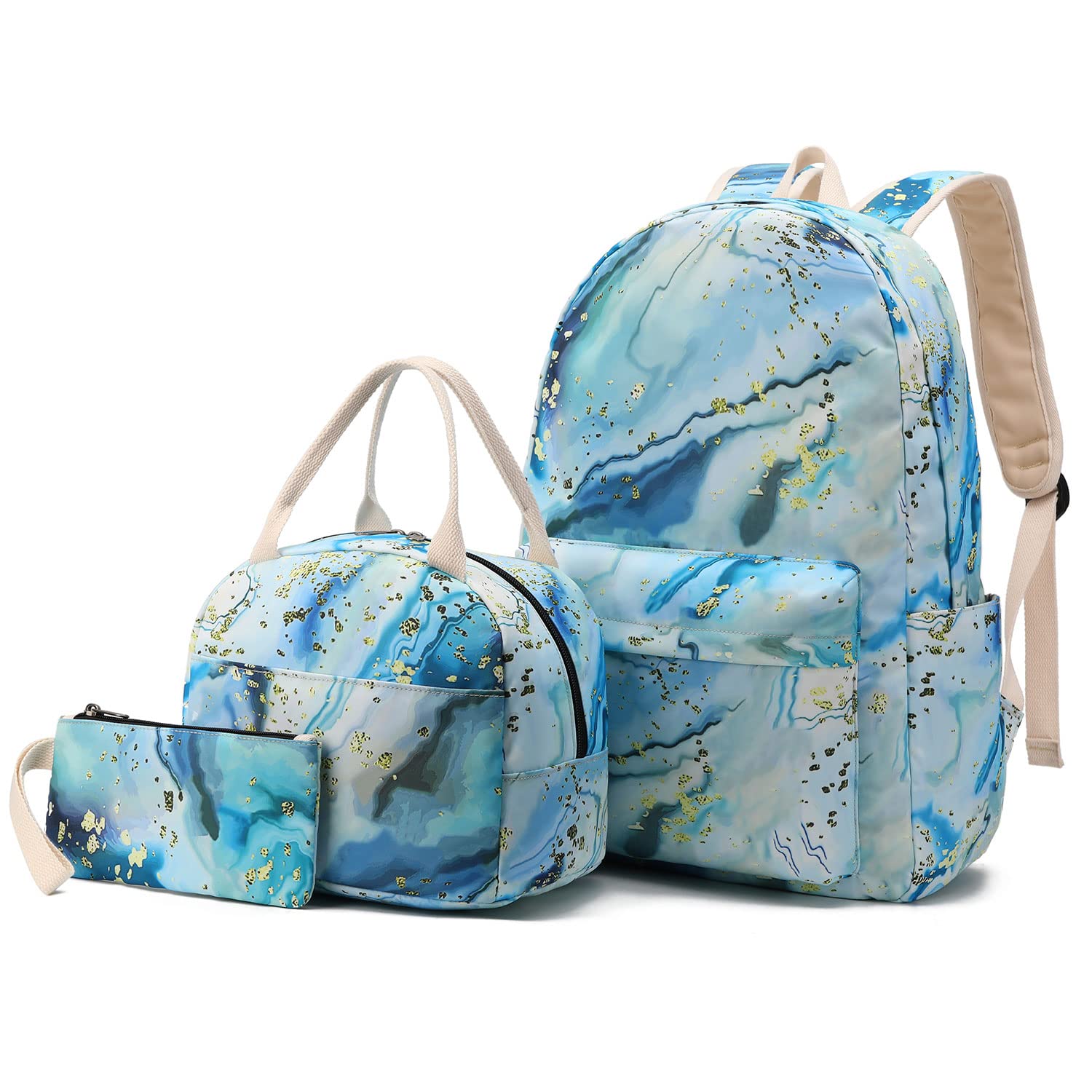 Waterproof School Backpack Set with Lunch Box & Pencil Case - Durable 14 Inch Laptop Backpack for College Students, Daypack Bookbag - Perfect for School, Travel & Daily Commute (Marble Blue)