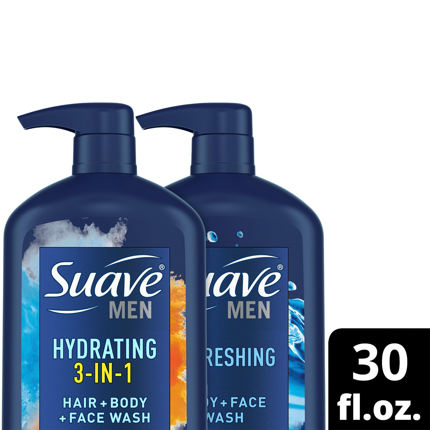 Suave Men's Shower Essentials Variety 3-Pack - Hydrating 3-in-1 Hair, Body & Face Wash + Refreshing Body & Face Wash, 30 Oz Each - Perfect for Gym, Travel & Daily Shower Routine