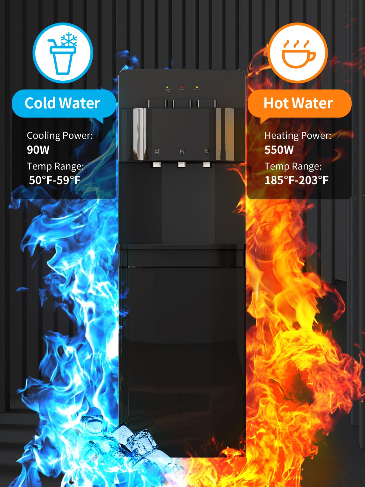 Muhub Bottom Loading Water Cooler Dispenser - 3/5 Gallon Hot & Cold Water Dispenser with Anti-Scalding Design, Storage Cabinet & Child Safety Lock - Perfect for Home Kitchens, Offices, Schools & Waiting Rooms (Black)