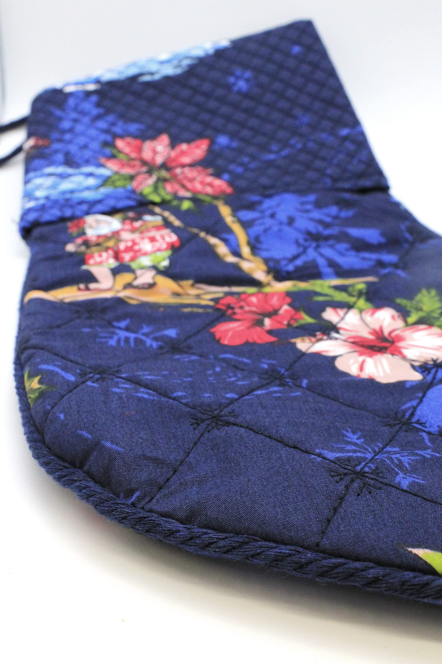 Santa in Hawaii Navy Snowflake Quilted Cotton Christmas Stockings - Holiday Decor for Fireplace, Tree & Festive Home Decor