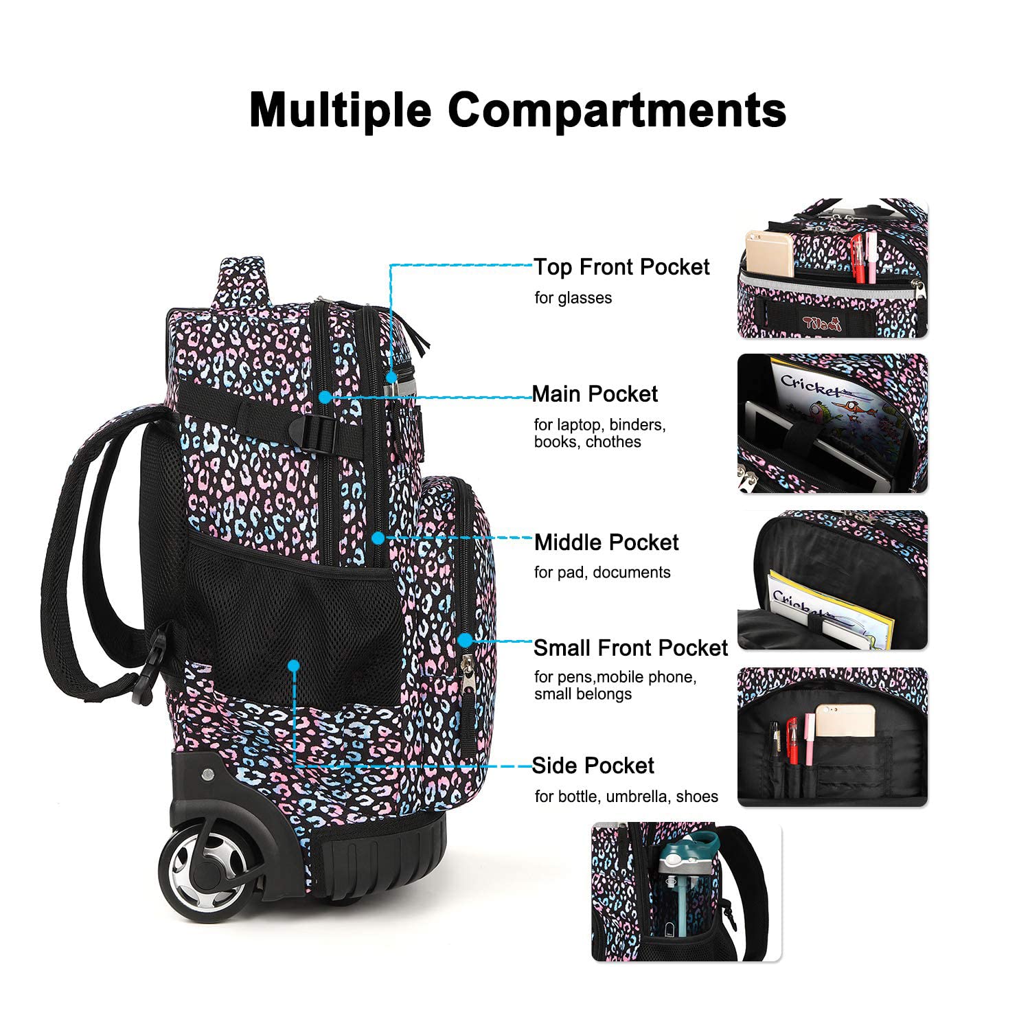 Tilami 19 Inch Rolling Backpack with Lunch Bag - Wheeled Laptop Backpack for School, Travel & Work - Durable Carry-On with Wheels (Colorful Leopard Print)