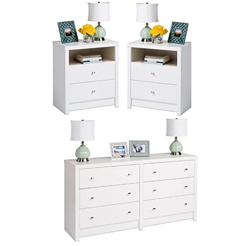 White Laminate Home Square 3-Piece Bedroom Set - 2 Nightstands & 6-Drawer Dresser for Master Bedroom or Guest Room Furniture